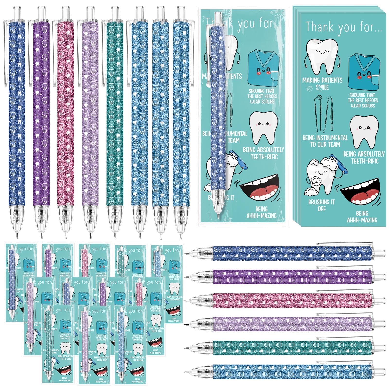 Sinload 24 Sets Oral Health Month Gifts Dental Gifts Teeth Ballpoint Pens with Thank You Cards Dental Appreciation Gift for Dentist Assistant Hygienist Nurse Student Graduation Cna Week Teacher