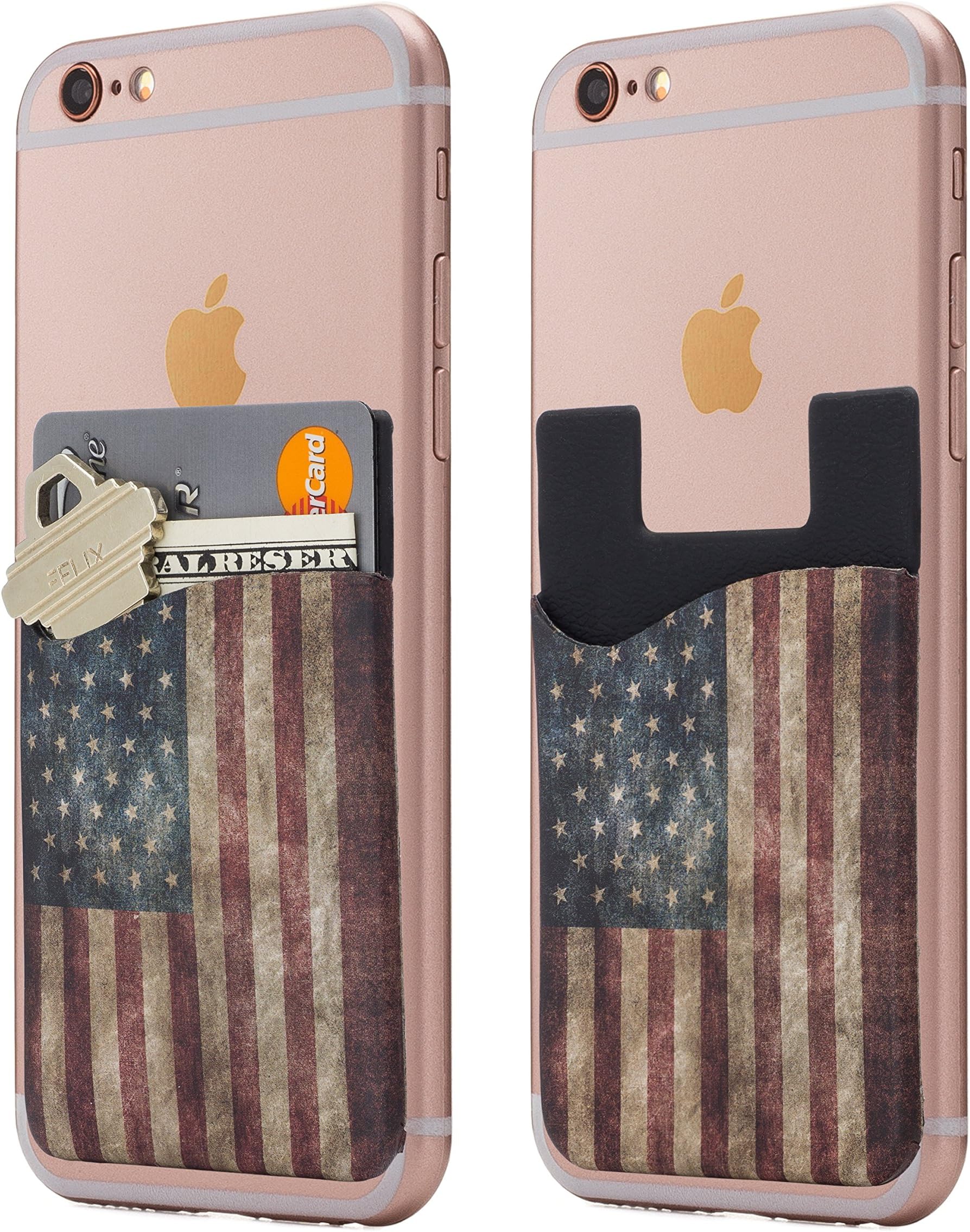 (Two Cell Phone Stick on Wallet Card Holder Phone Pocket for iPhone, Android and All Smartphones. (American Flag)
