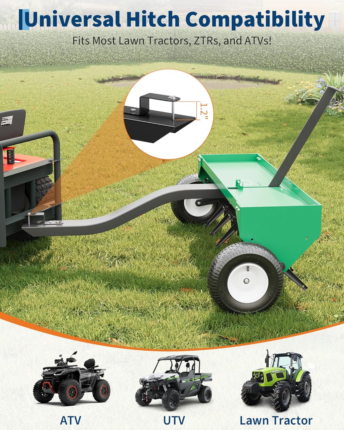 40-Inch Tow Behind Aerator with Universal Hitch, Heavy Duty Plug Aerator for Lawn Tractor ATV, 24 Steel Tines, MAX 150lb Weight Tray & Inflatable Wheels for Lawn, Yard, Garden Care