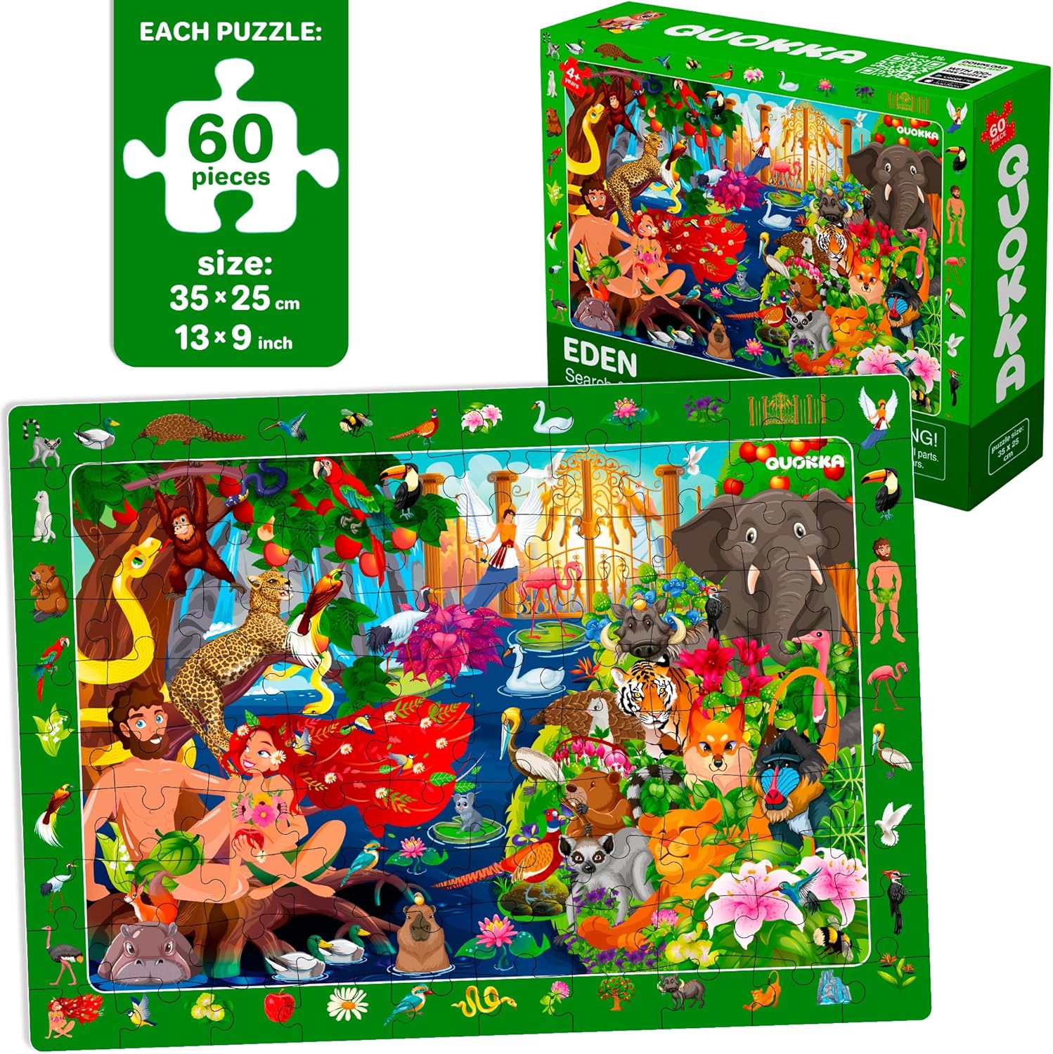 QUOKKA 60 Piece Kids Puzzles Ages 5-8 - Set of 4 Bible Jigsaw Puzzles for Kids 4-6-10 Year Old - Tower of Babel - Noah`s Ark - Eden Toys for Children 5-7 yo - Christian Gifts for Boys & Girls