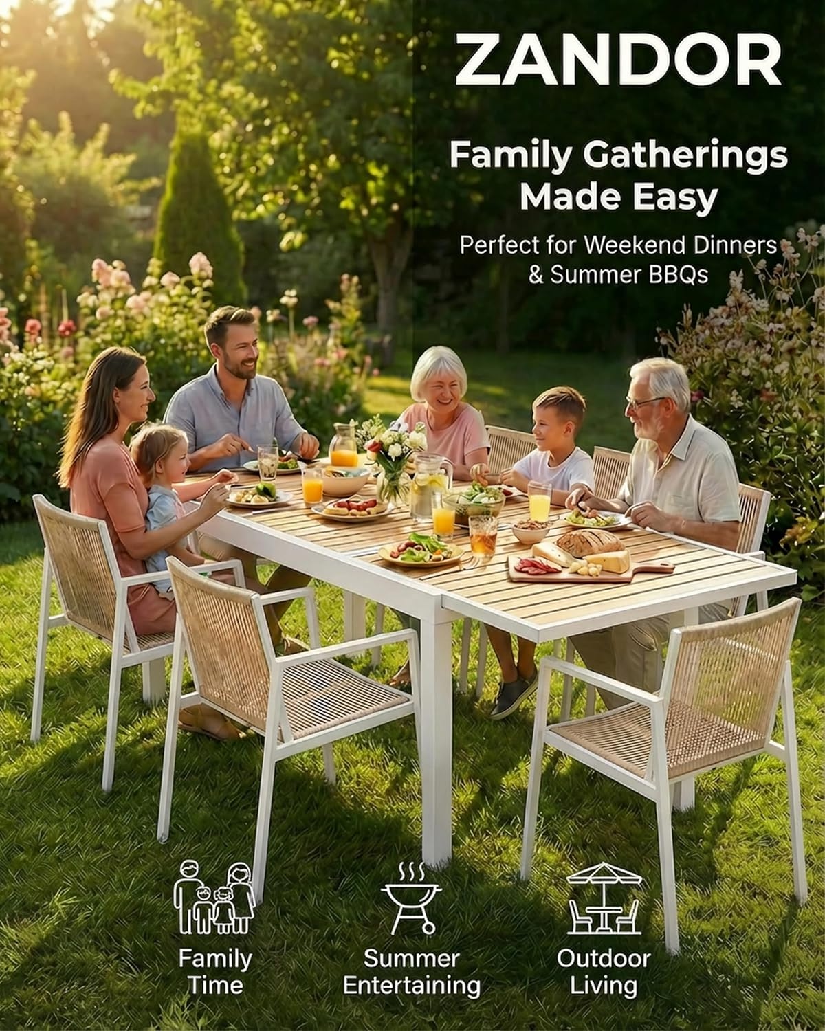 ZANDOR Expandable Outdoor Dining Set for 4-6-8,Patio Table and Chairs Set with Wood Top for Garden,Backyard,Porch,55"-82.7" Extendable Aluminum Outdoor Table Set with 6 Chairs,White