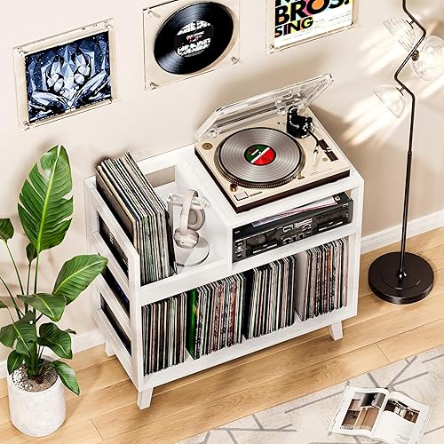 Miniatura 9 de Soporte para tocadiscos con almacenamiento de vinilo, soporte para tocadiscos moderno Mid-Century con capacidad para más de 150 álbumes, mesa de