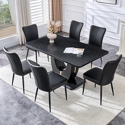 Miniatura 50 de JUFU Juego de mesa de comedor moderno para 6, juego de mesa de cocina de 63 pulgadas con mesa de mármol sintético y 4 sillas tapizadas de piel