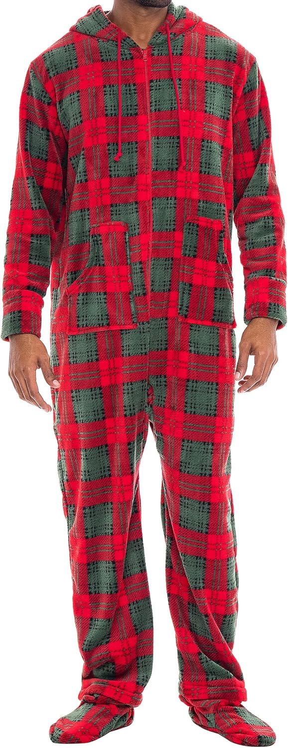 Alexander Del Rossa Adult Onesies for Men, Mens Onesie Pajamas Adults, Fleece Onesie for Men, Hooded Footed Mens Onsie