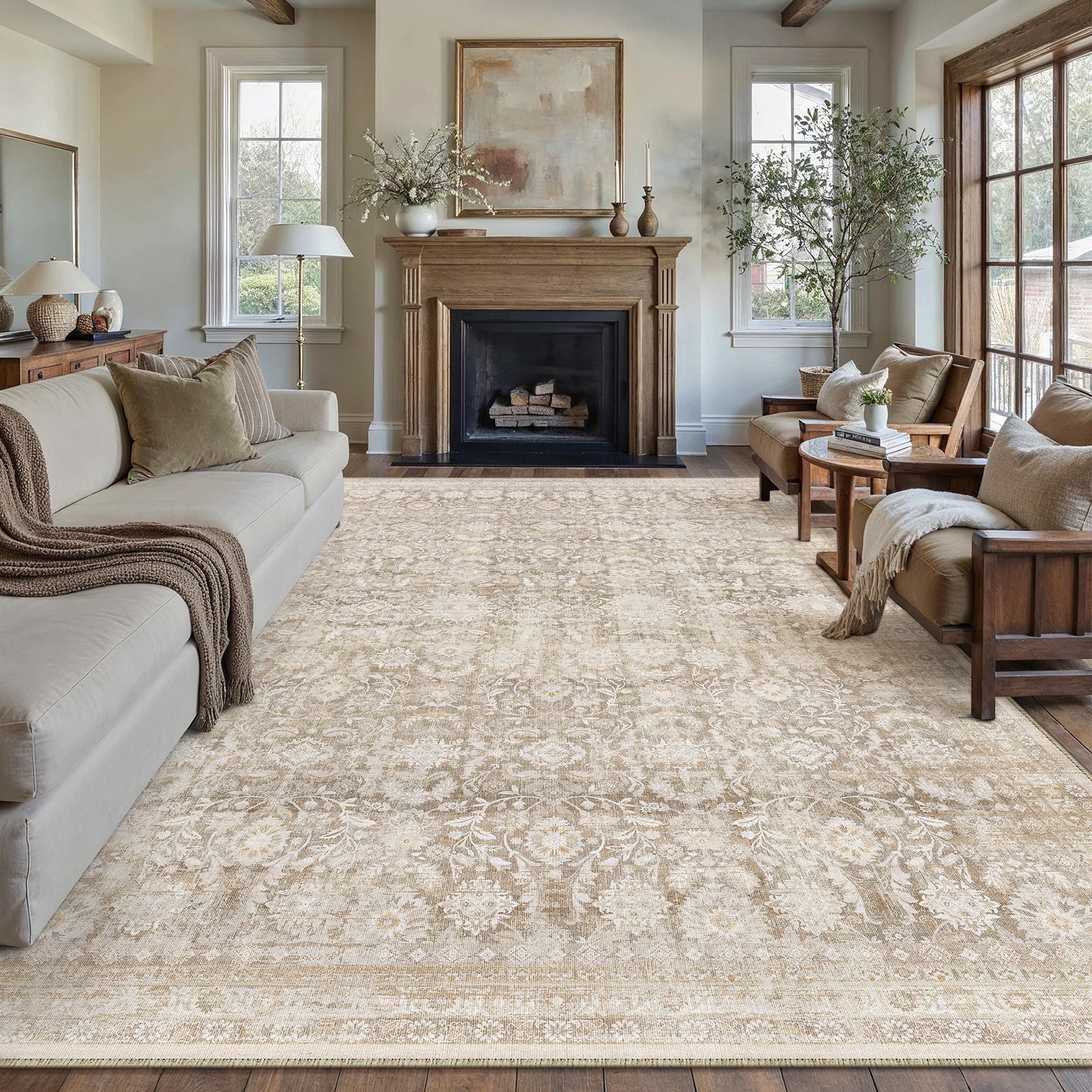 PureCozy Teppich Wohnzimmer 200x300cm Waschbarer Vintage Beige Tepich | Wohnzimmerteppich,Kurzflor Rutschfest,Weich Groß XXL Carpet,Leicht,Schlafzimmer, Esszimmer,Büro