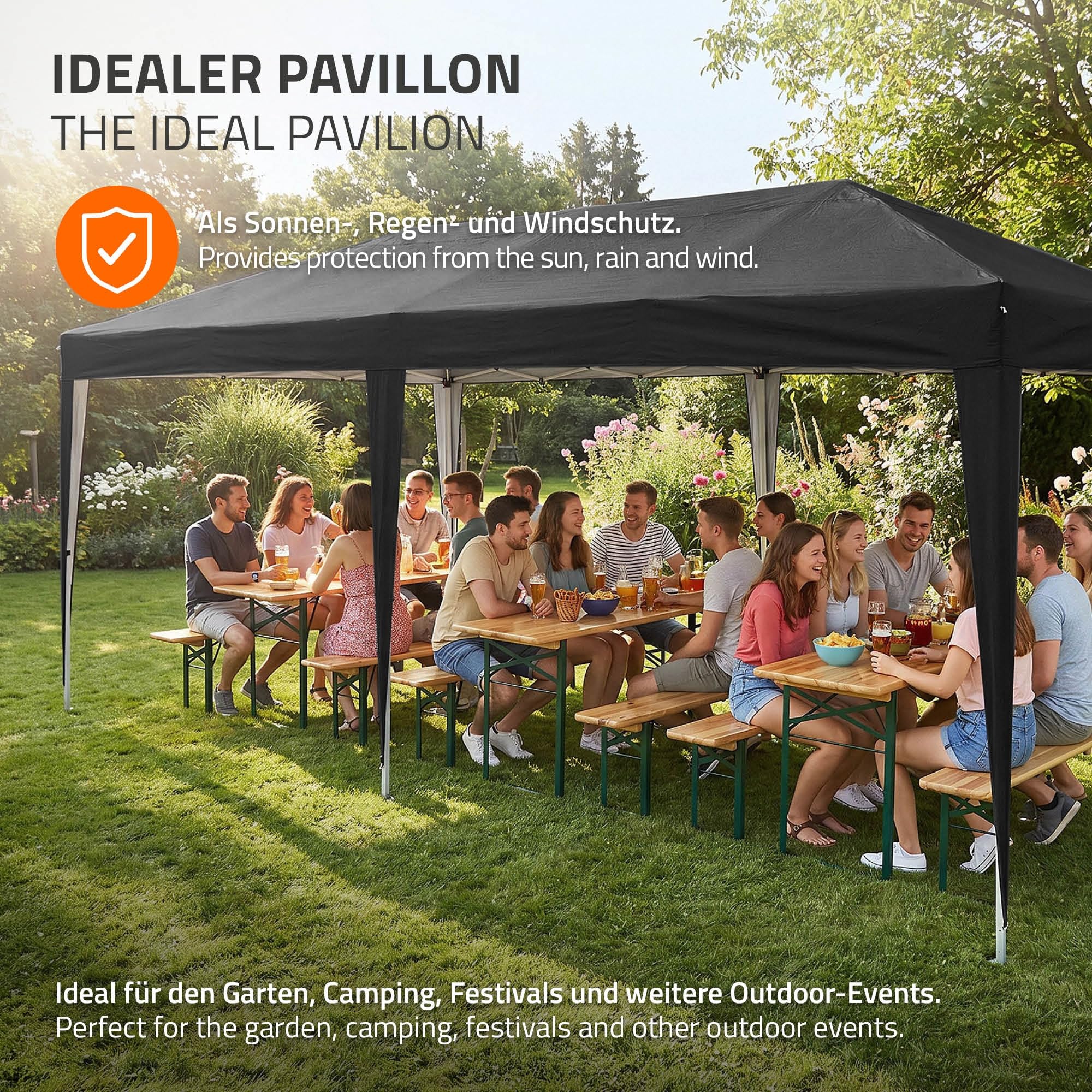 ECD Germany Carpa Plegable 3x6 m para Exteriores, Impermeable y Resistente al Viento, Pergola de Jardín, Cenador con 6 Paredes Laterales, Gazebo Negro Altura Regulable, para Fiestas, Camping, Eventos