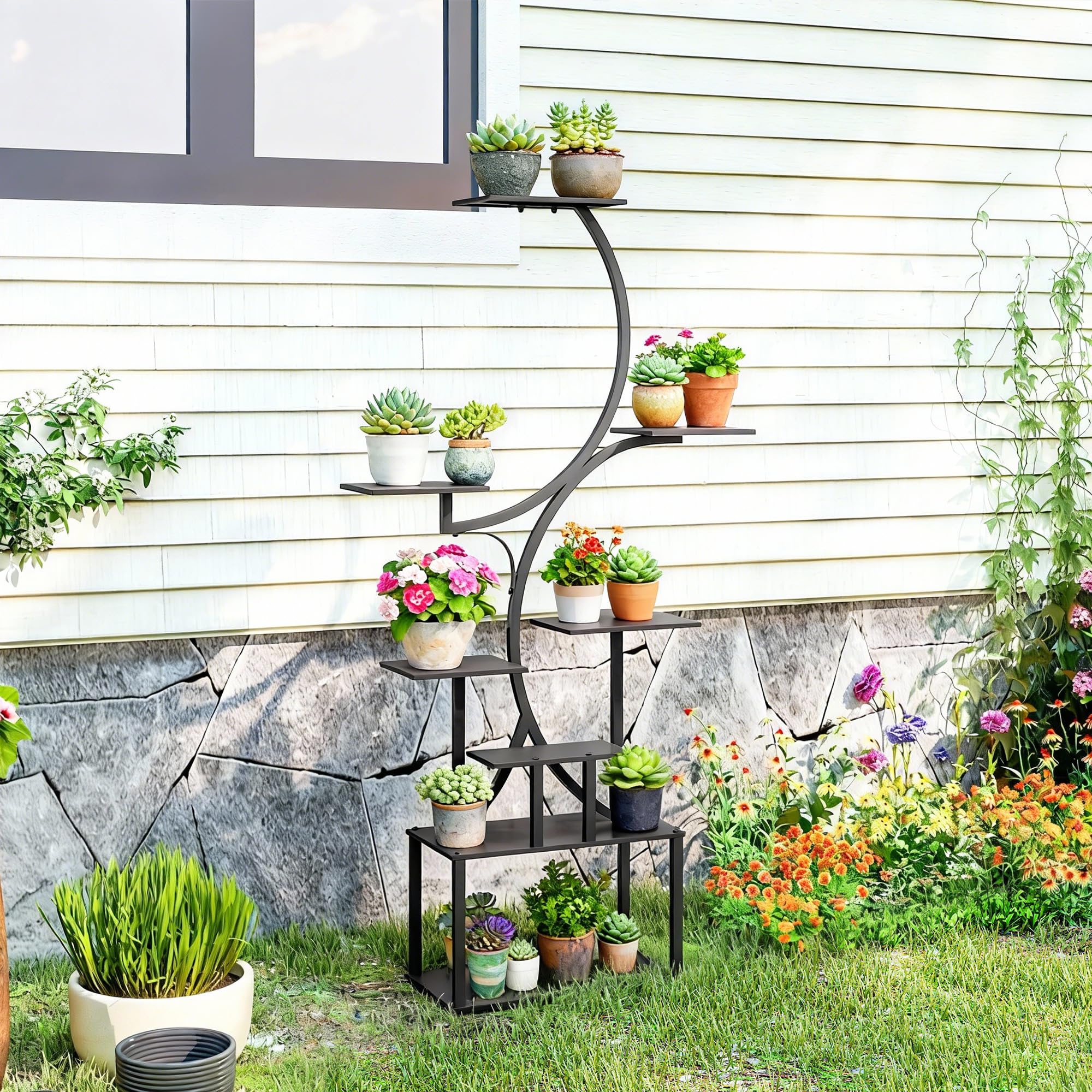 Outsunny Étagère à Fleurs en Métal à 8 Niveaux, Étagère à Plantes en Forme de S 158,5 cm, Support de Plantes, Intérieur et Extérieur, pour Jardin, Balcon, Terrasse ou Coin du Salon, Noir
