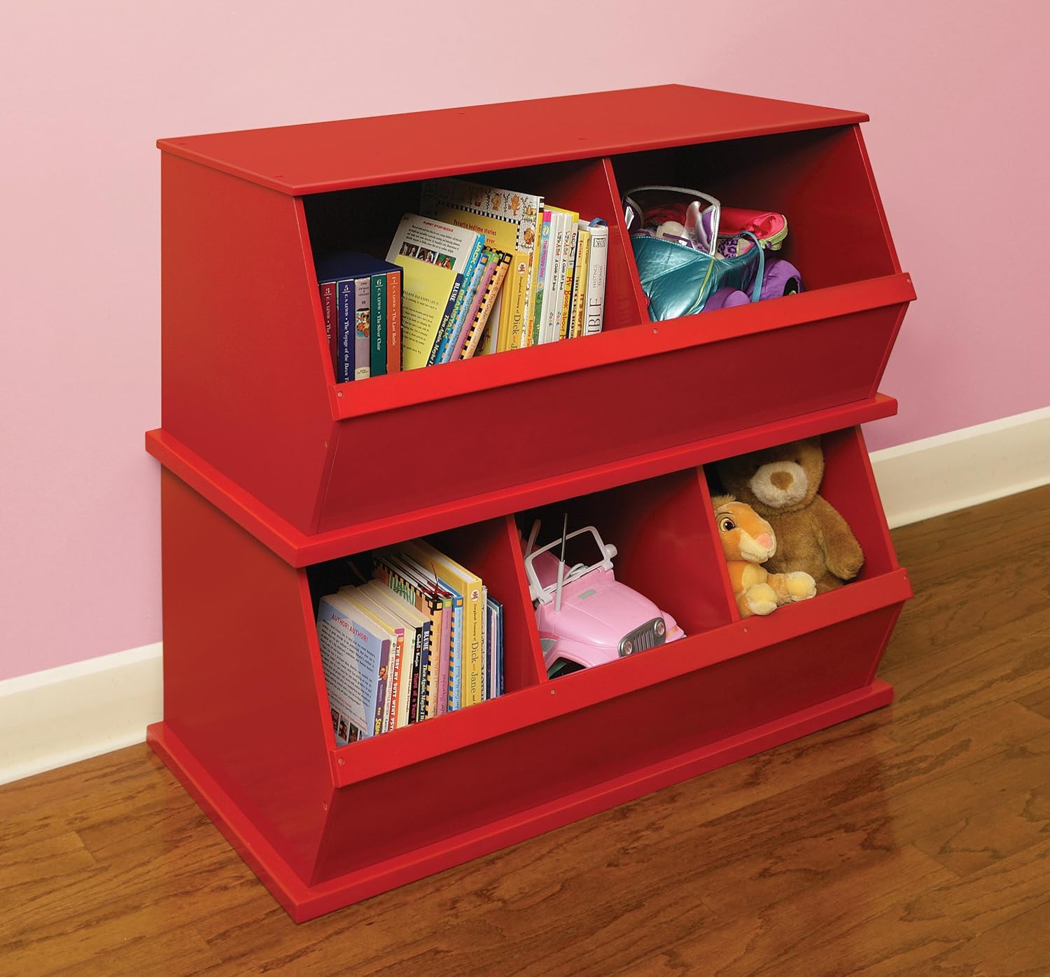Badger Basket Stackable Toy Storage Organizer - Two Bin Cubby Shelf for Kids Room, Playroom, Nursery - Red