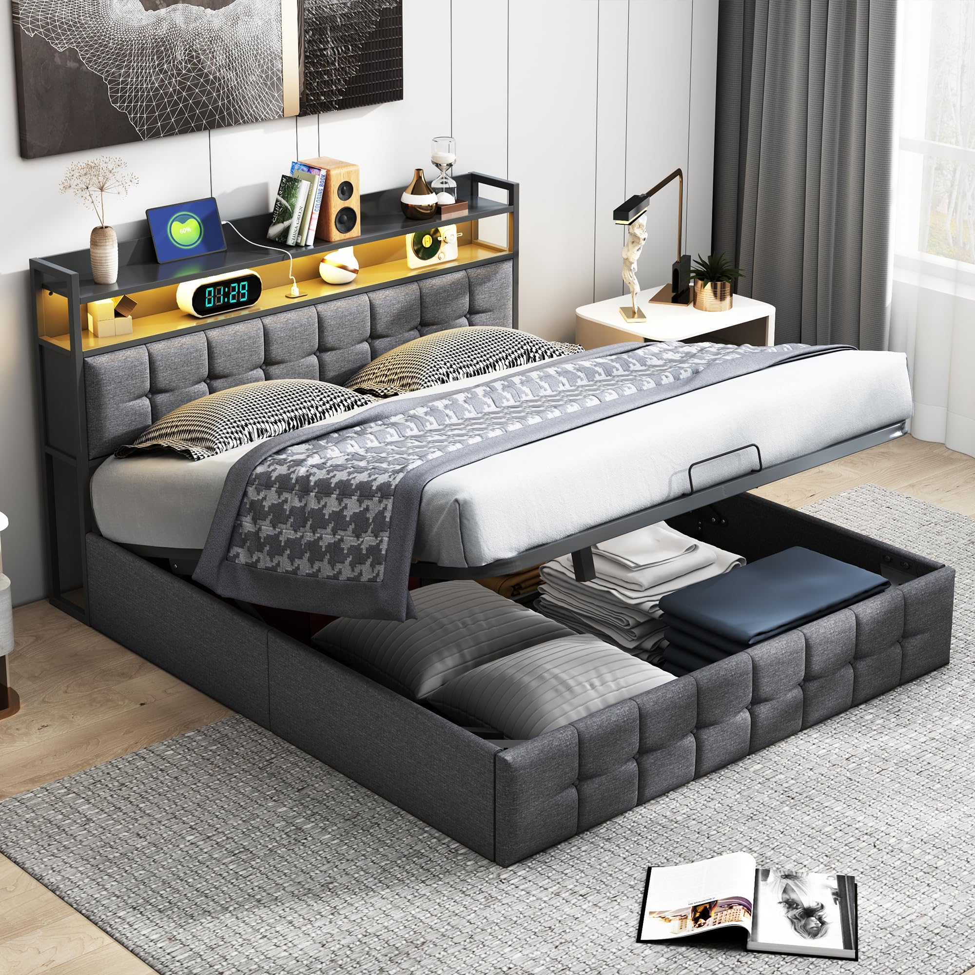 Łóżko podwójne ze schowkiem 140 x 190 cm, łóżko tapicerowane z diodami LED, łóżko kontenerowe z gniazdem USB, łóżko podwójne z miejscem do przechowywania z tapicerowanym zagłówkiem (szary + len-B)