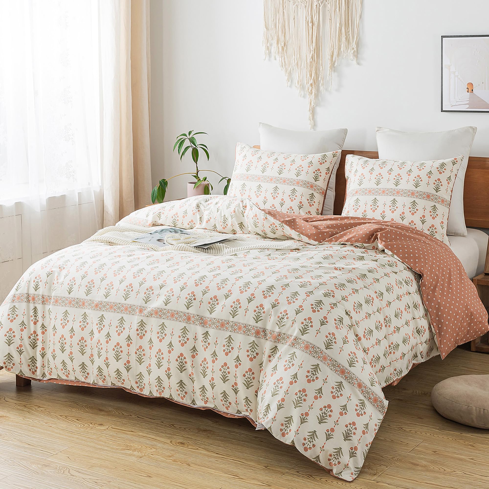 HoneiLife Queen Duvet Cover Set - Breathable 100% Cotton Floral 3pcs Wildflower Comforter Cover, with Zipper Closure and Corner Ties, Sweet Grass