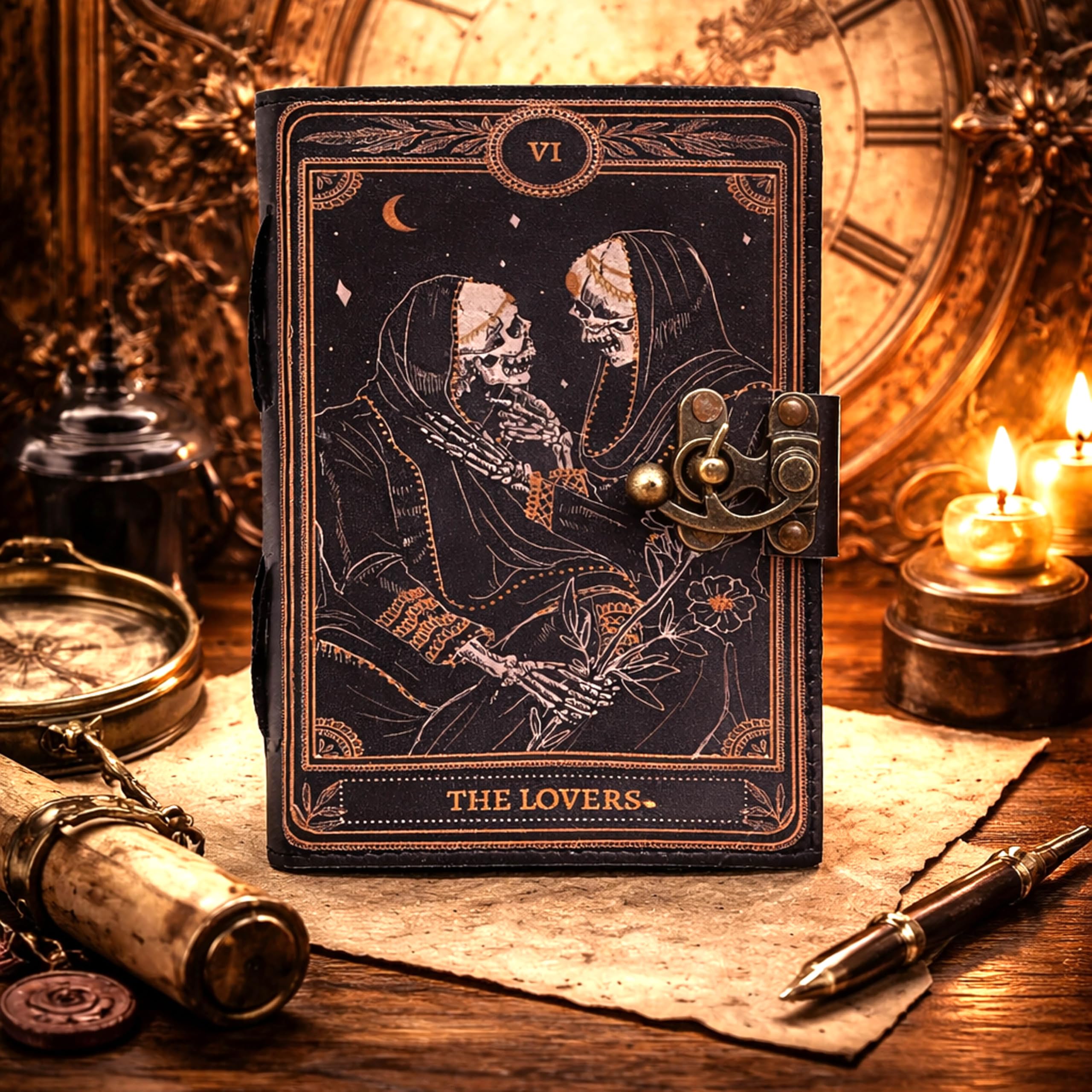 C CUERO Book of Spells Journal en cuir papier à bords frangés grimoire - Journal imprimé The Lovers Tarot - Carnet à spirales - Gothique - Amateur de crâne - Journal vintage en cuir pour homme et
