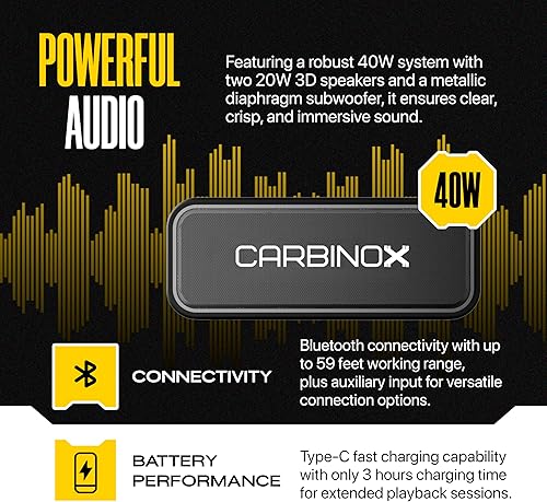 Miniatura 2 de CARBINOX Altavoz Bluetooth portátil con IPX7 impermeable, carga rápida tipo C, sonido envolvente 3D, rango de 59.1 ft, negro
