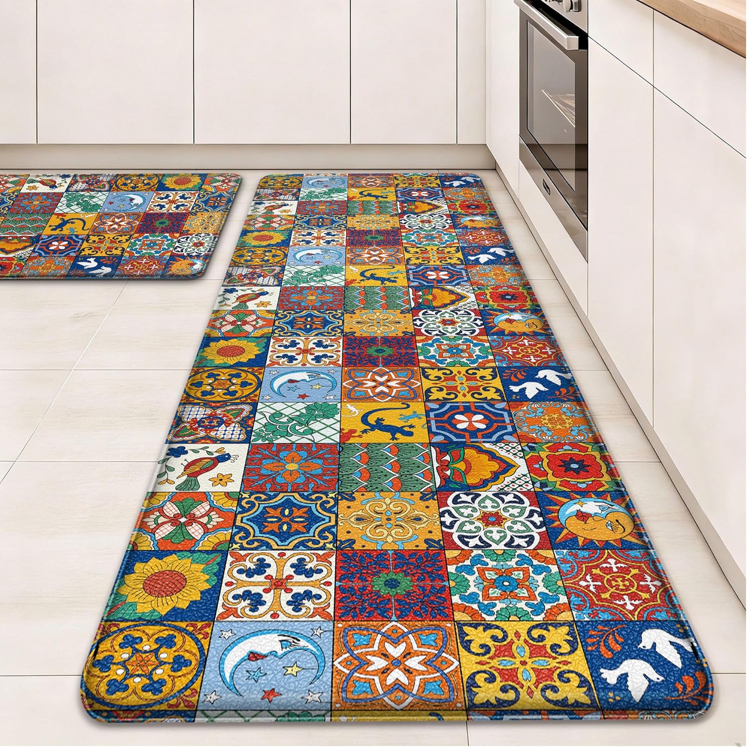 Tritard Boho Kitchen Mats for Floor 2 Pcs Colorful Ceramic Kitchen Rugs Non-Skid Waterproof Anti Fatigue Mats for Kitchen Floor PVC Kitchen Floor Mat for Sink,Laundry,Office,17.3x28+17.3x59 Inch