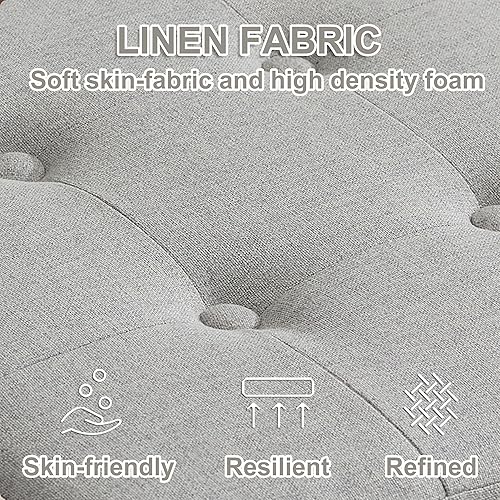 Miniatura 21 de UEV Juego de 3 mesas de café otomanas, juego de mesa de madera para sala de estar, incluye 2 mesas auxiliares tapizadas, mesita de noche, patas de