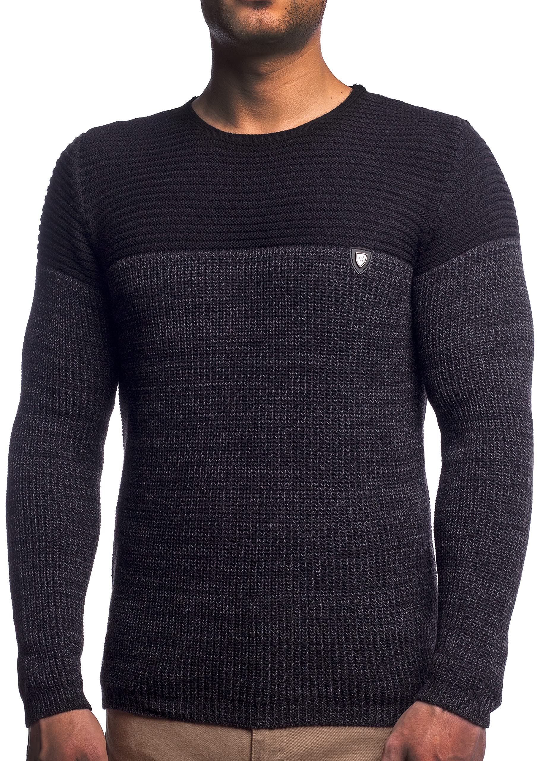 Herren Strick-Pullover Rundhals mit Logopatch | Männer Winter-Pullover |stylischer Herren Strick-Pulli | Warmer Männer Pulli Grobstrick| Herren Basic Longsleeve Sweatshirt Sweater K-114