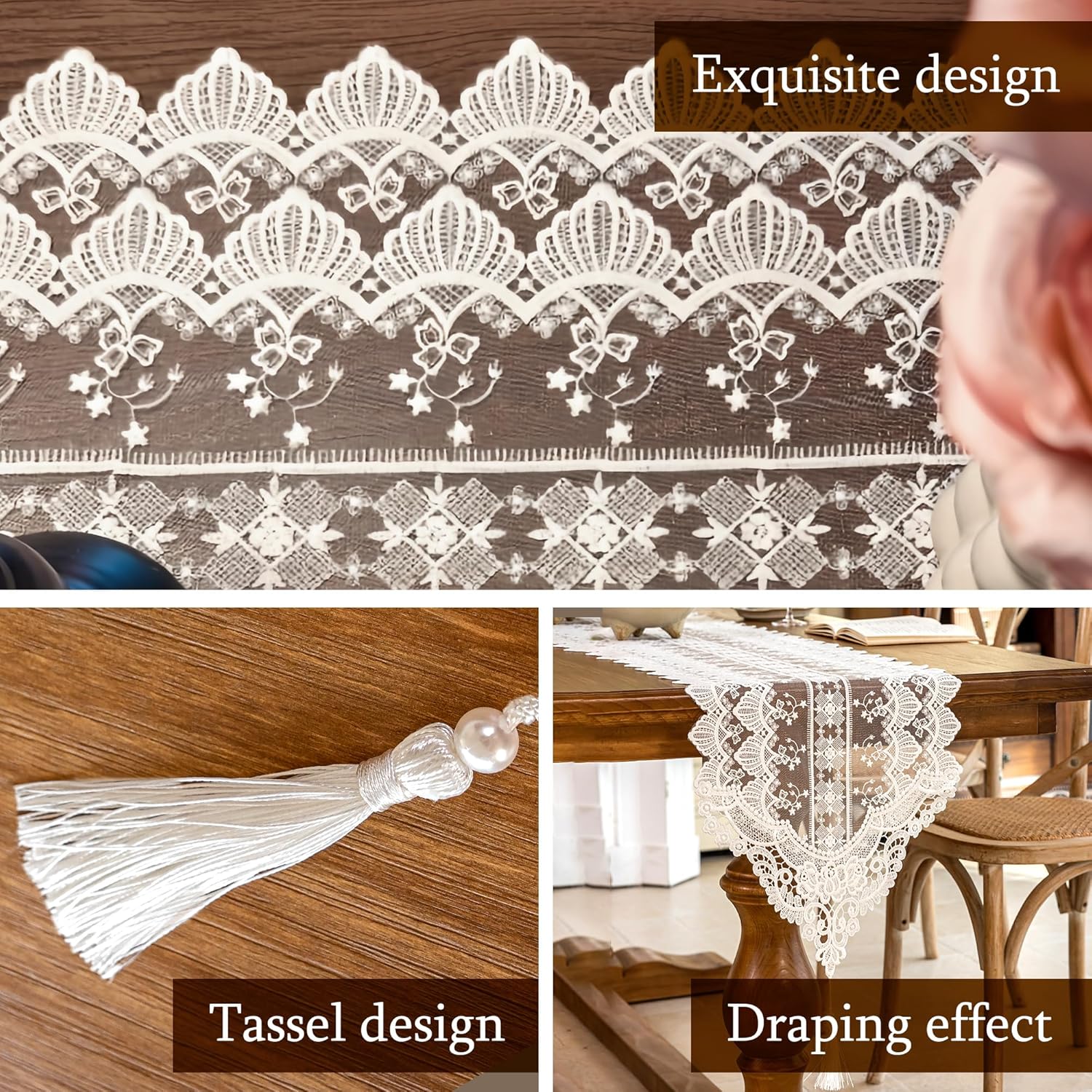 Lace Table Runner Exquisite Embroidery Floral,UWWGKK Table Runners with Tassel Retro French Country Style,for Wedding Decor,Afternoon Tea, Party