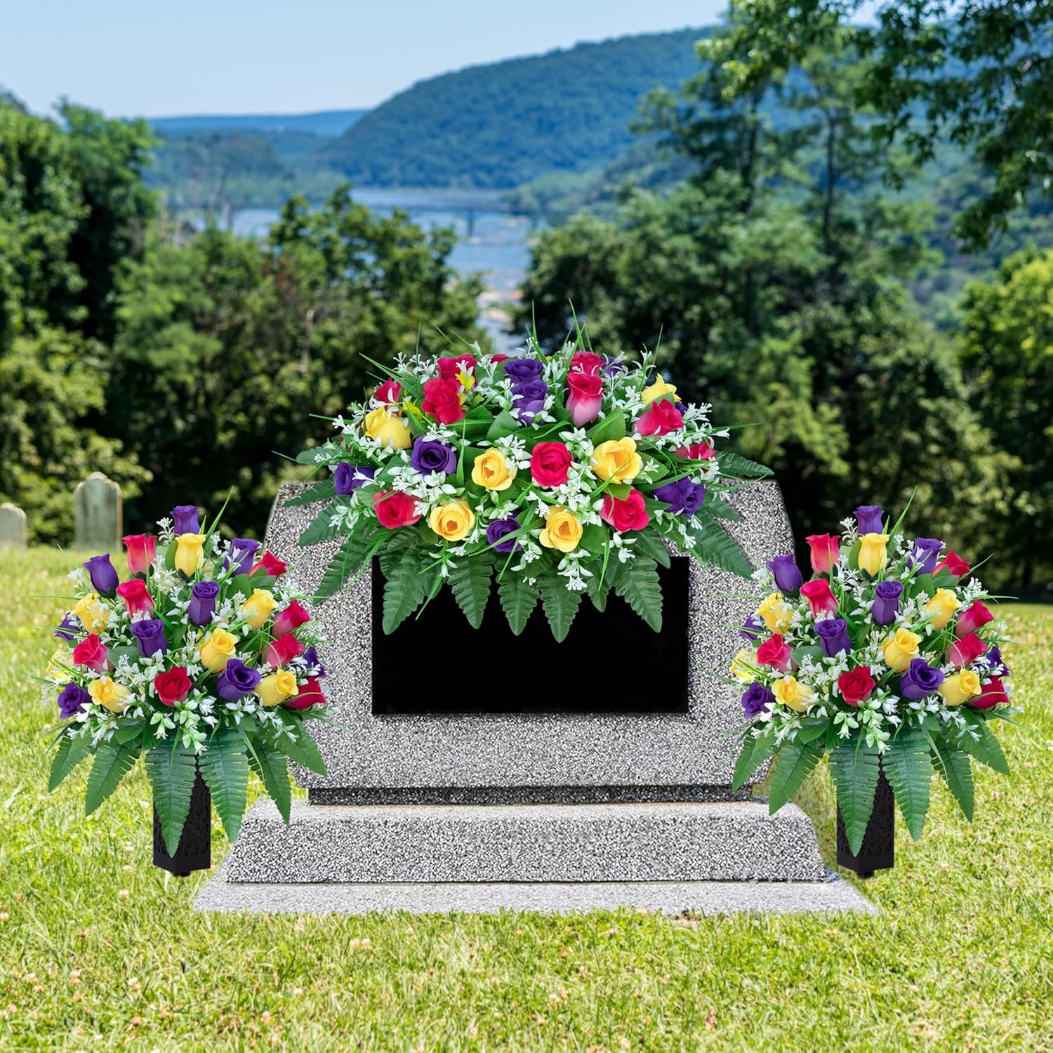 LVXINLI Artificial Cemetery Flowers, Gravesite Decoration Roses, Memorial Bouquets with Cemetery Vase, Vibrant and Long-Lasting Colors (Yellow+Purple+Brilliant Red, 2 Bundles)