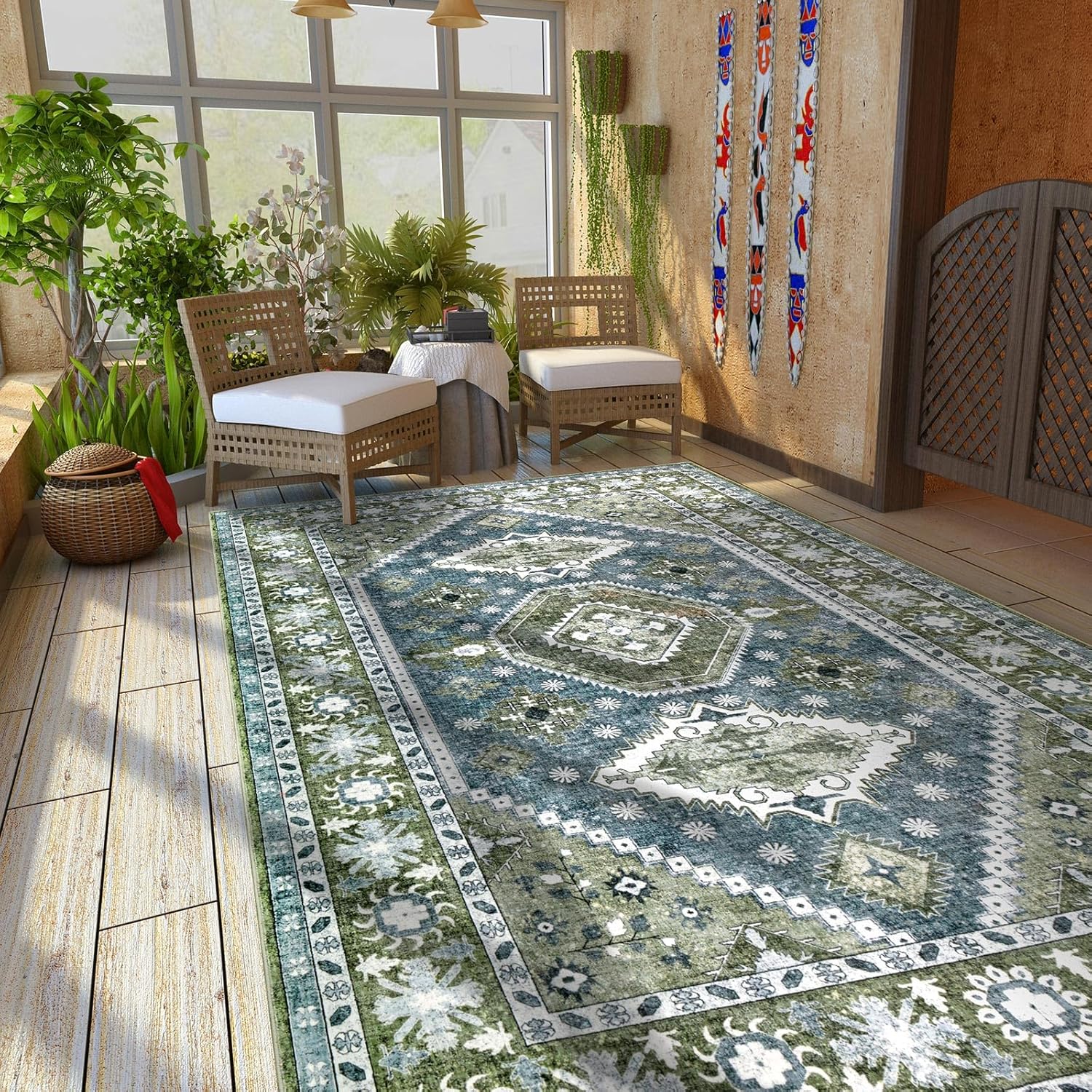 Washable Area Rug 6x9 Dark Green and Blue Boho Floral Area Rug Vintage Distressed Accent Floor Carpet Non Slip for Living Room Bedroom 8'11" x 6' (Rectangular) 03green