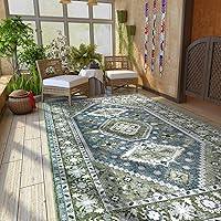 Vista 16 de Alfombra bohemia lavable para pasillo de cocina, 2 pies 6 pulgadas x 8 pulgadas, verde oliva y azul, suave, vintage, antideslizante, para entrada