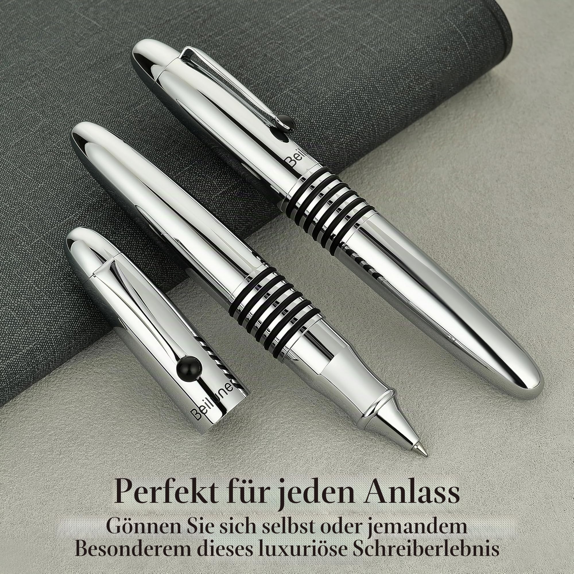 BEILUNER 320 Luxus Rollerball Pen, Poliertes Chrom Metallgehäuse mit Schmidt Tintenpatrone, Schweres EDC Executive Geschenkset für Männer & Frauen, Professioneller Bürostift - Silber Chrom