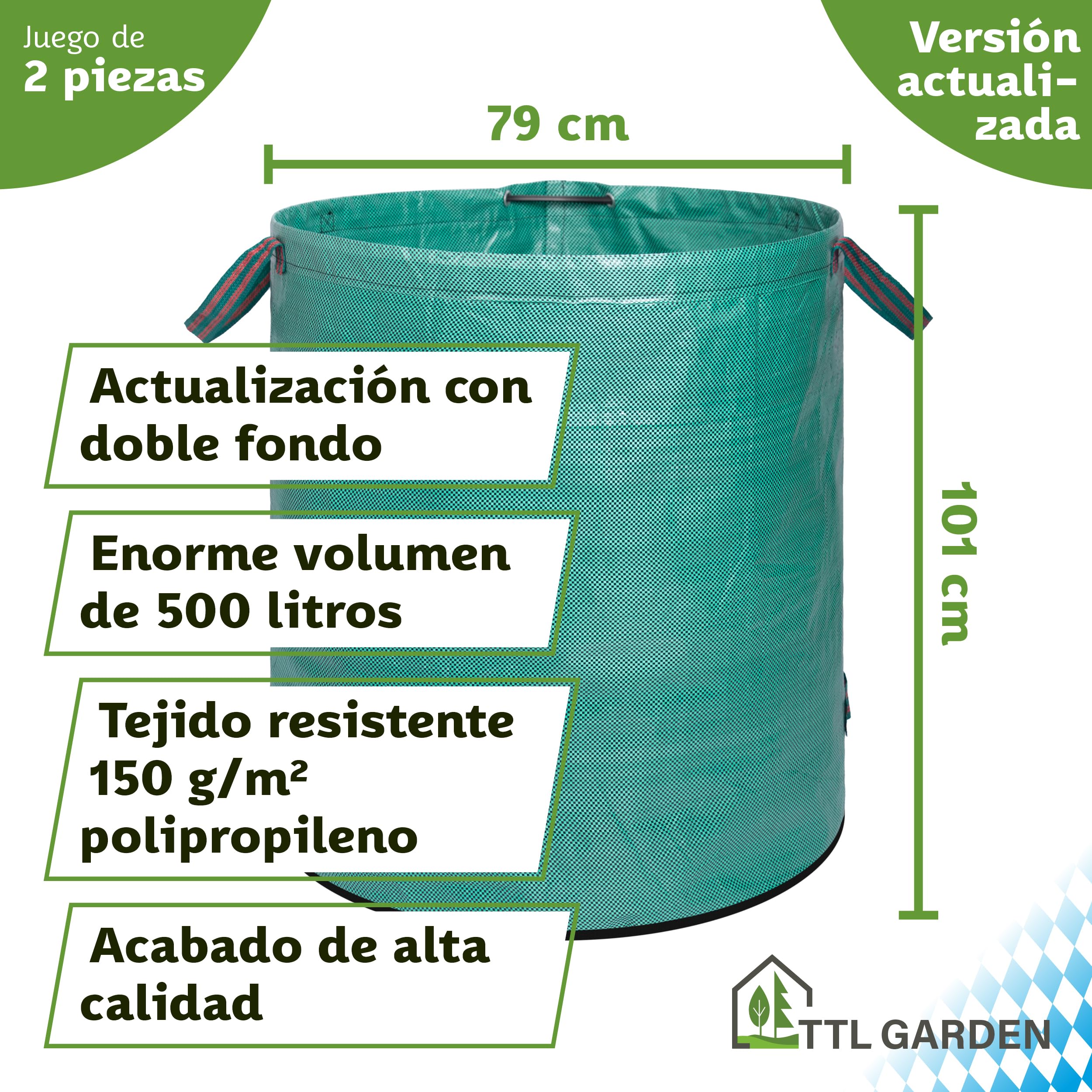 TTL Garden - Bolsas de jardín (500 L, doble fondo extra estable, autoportante, 4 asas de 150 g/m², extra grandes y robustas y plegables, juego de 2 bolsas de jardín, para hierba, hojas,