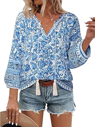 Vivilli Women's Boho V-Neck 3/4 Sleeve Blouse with Floral Print and Tie Front