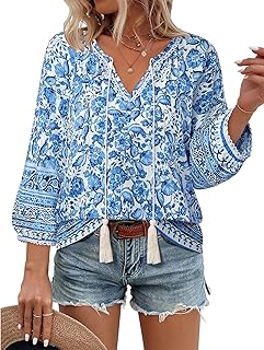 Vivilli Womens Boho Tops Casual V Neck 3/4 Sleeve Blouses Floral Print Shirt Tie Front Flowy Vacation Clothes