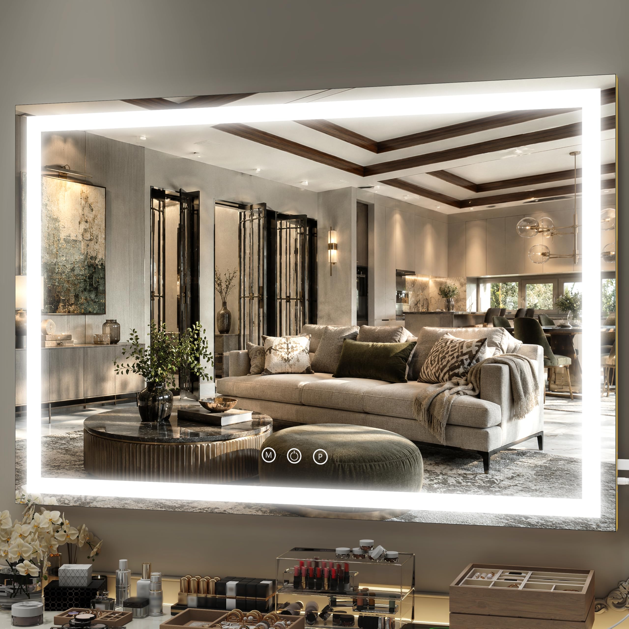 FENNIO Large Vanity Mirror with Lights，40" x 28"Makeup Mirror with Lights，Hollywood Mirror with 3 Color Modes &amp; Adjustable Brightness，Vanity Mirror Square Gold