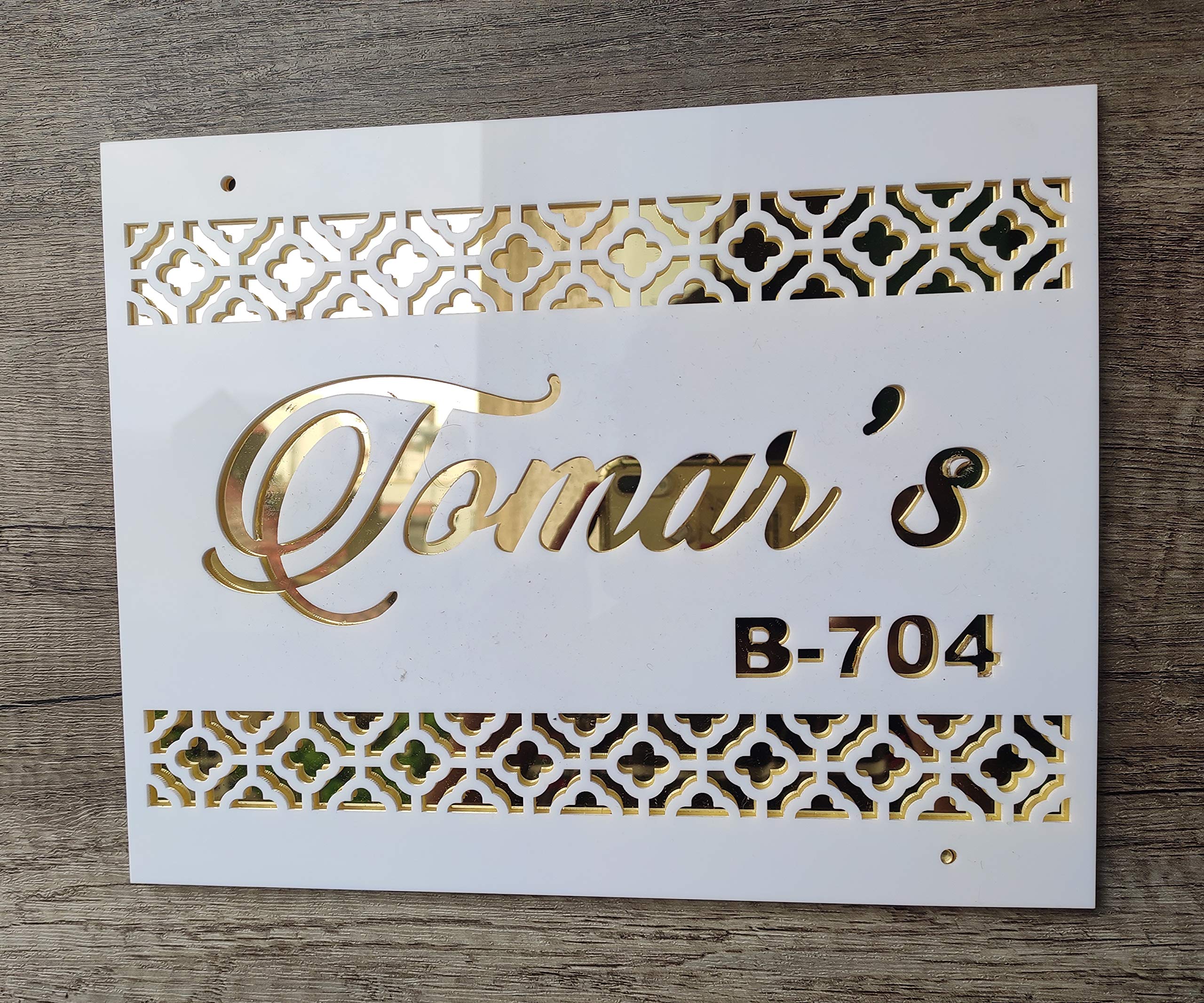 Home/Door Name Plate White for Home Door with Copper Mirror Shine Acrylic Embossed Letters, Suitable for Sun and Rain, Laser Cut, Size 12 x 8 in, by Aarushi Creations (12 x 8 Gold)