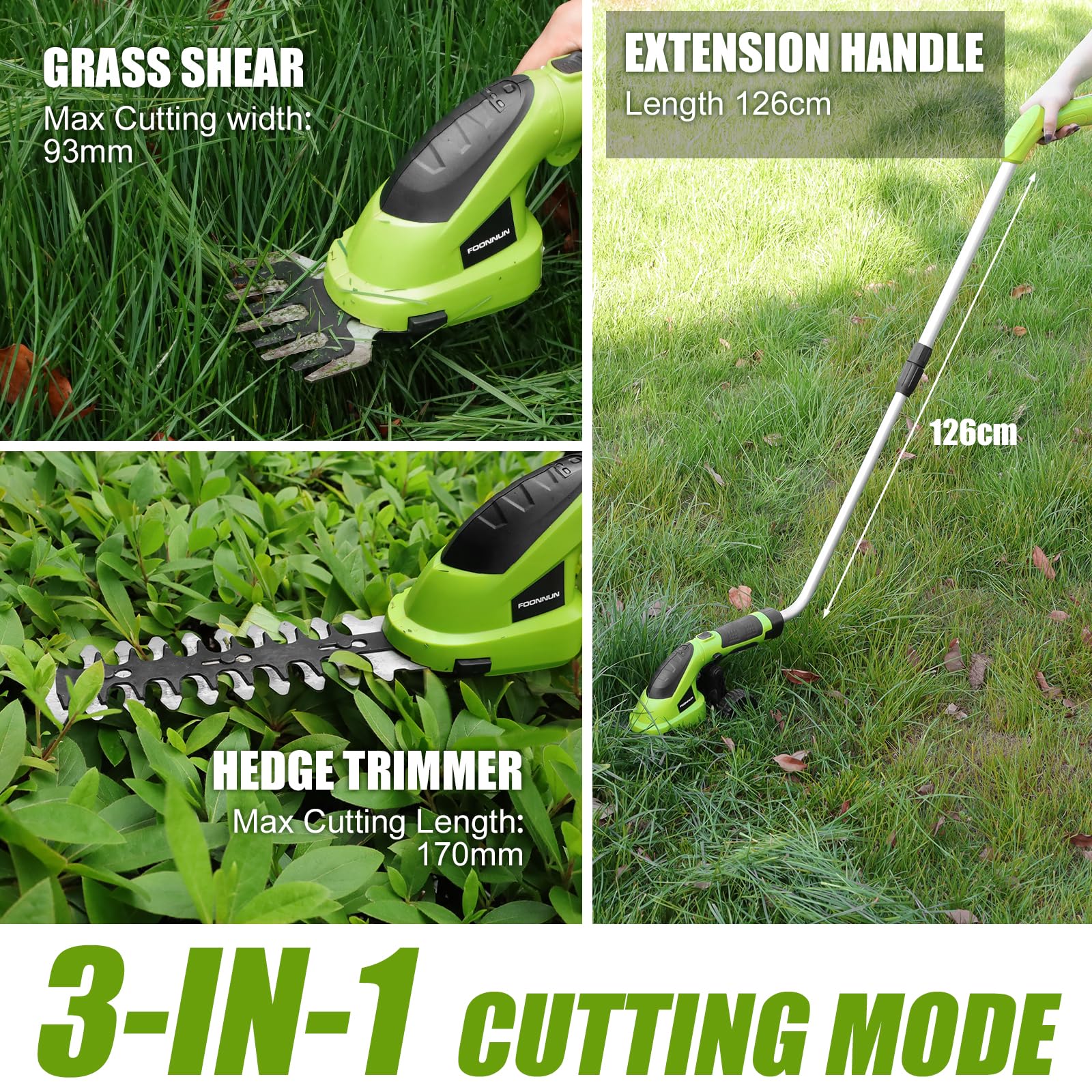 7,2V Akku Heckenschere mit Teleskopstiel, 2-in-1 Gartenschere | 17 cm Schnittlänge, Messerabstand 9,3cm, 180° Drehbarer Griff, Mit Akku und Ladekabel, Rasentrimmer für Gartenarbeit
