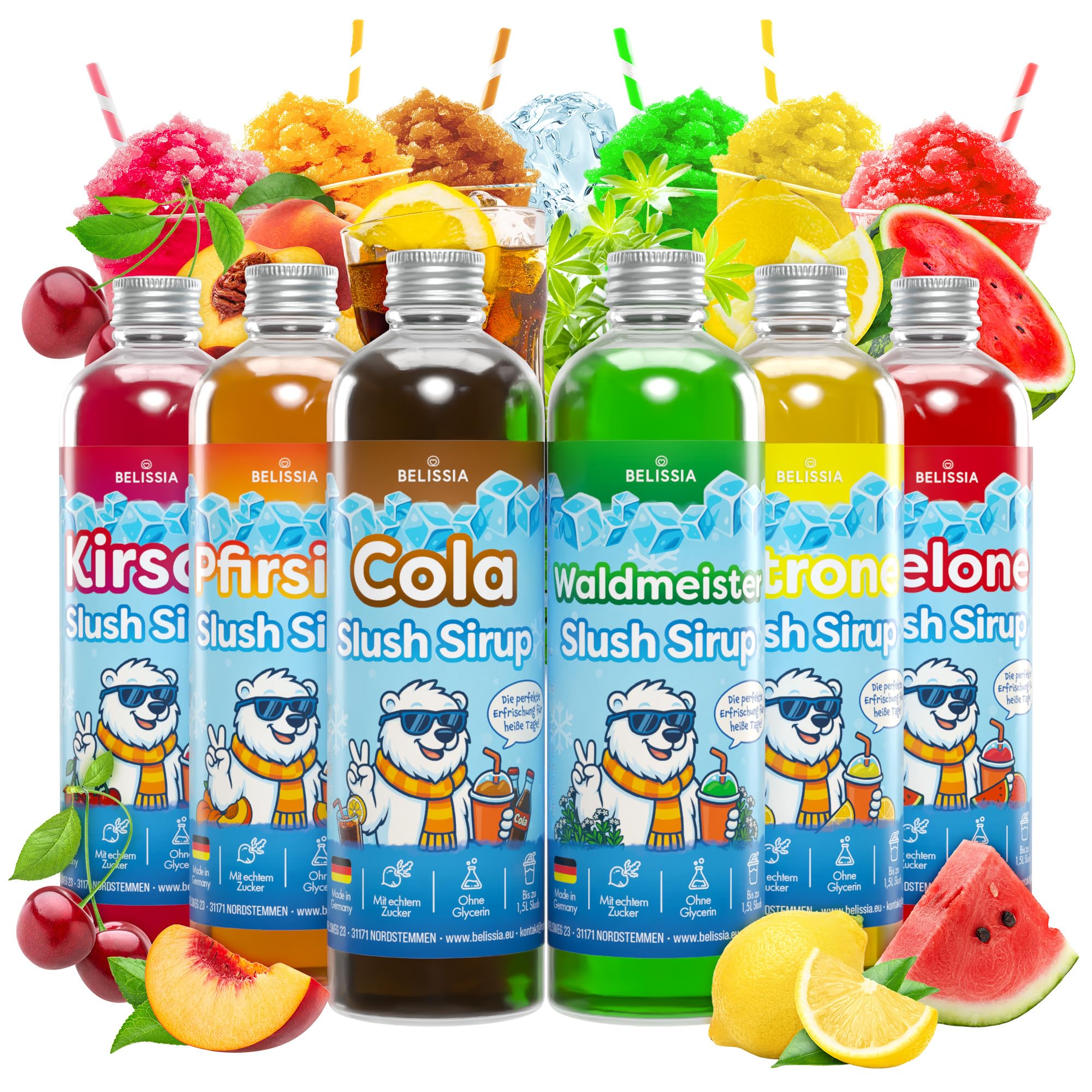Belissia Slush Eis Sirup 6×250 ml Konzentrat | Sommer-Set | Sehr ergiebig (1:5) für bis zu 9 L Slush-Eis | Glycerin frei | Knallige Farben – für Maschinen & Wassereis