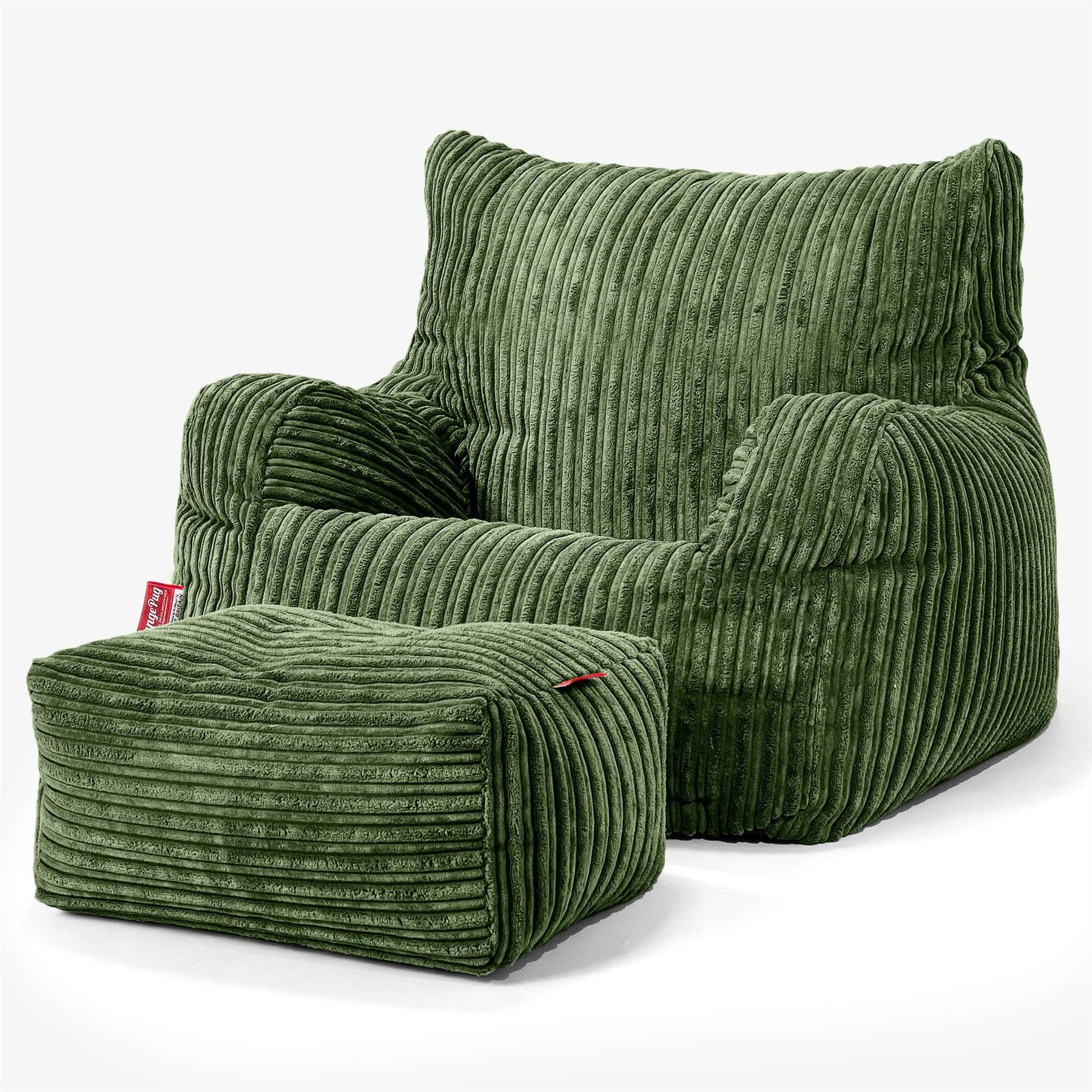 Lounge Pug Cord Fabric Armchair Bean Bag and Footstool Set for Living Room Lounge - Adult Beanbag Chair - Corduory Forest Green