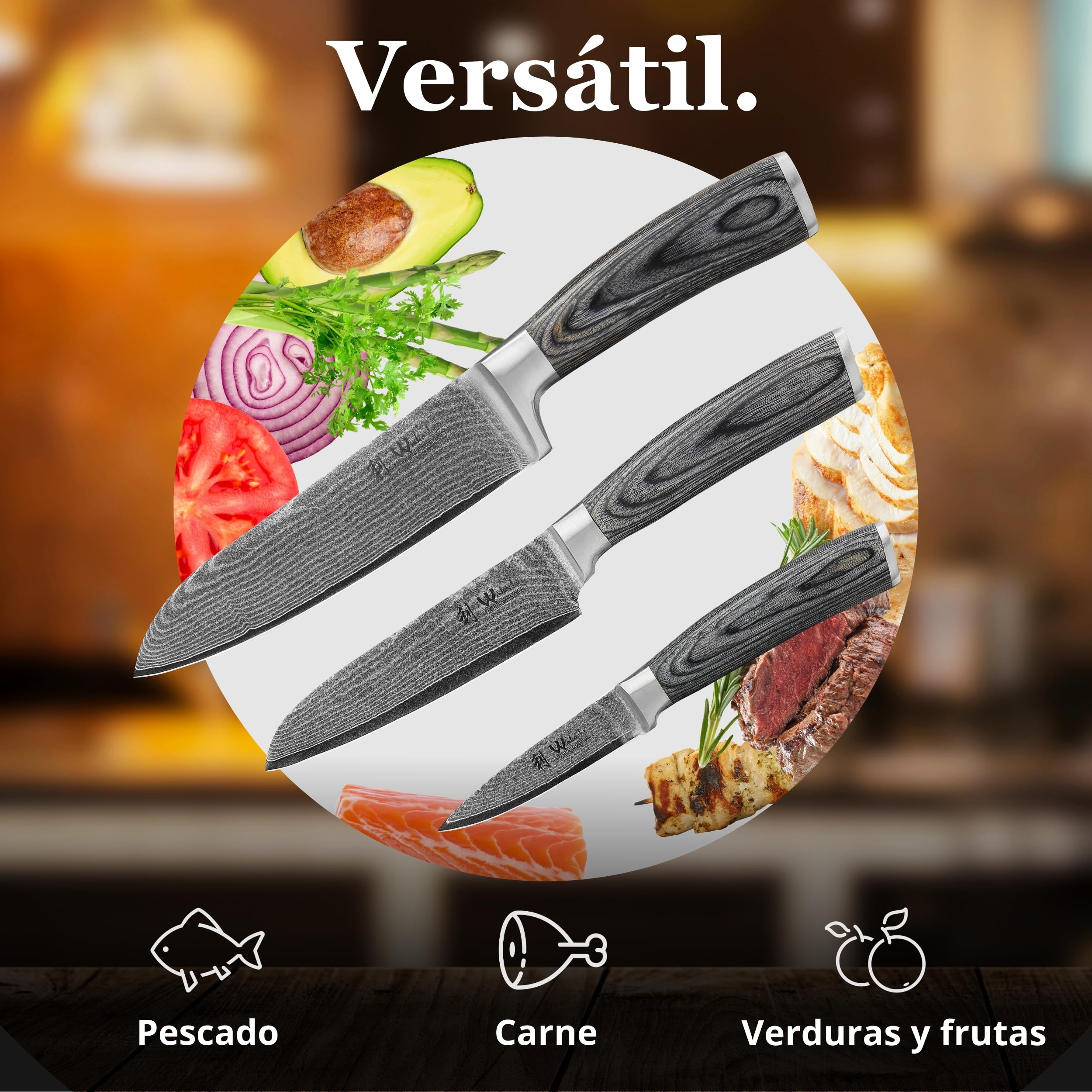 Wakoli Edis juego de 3 cuchillos de cocina de acero de damasco con núcleo VG10, caja de madera, 2 cuchillos Santoku y cuchillo pelador, hojas de 17 cm, 12,5 cm y 8,5 cm, mango Pakka