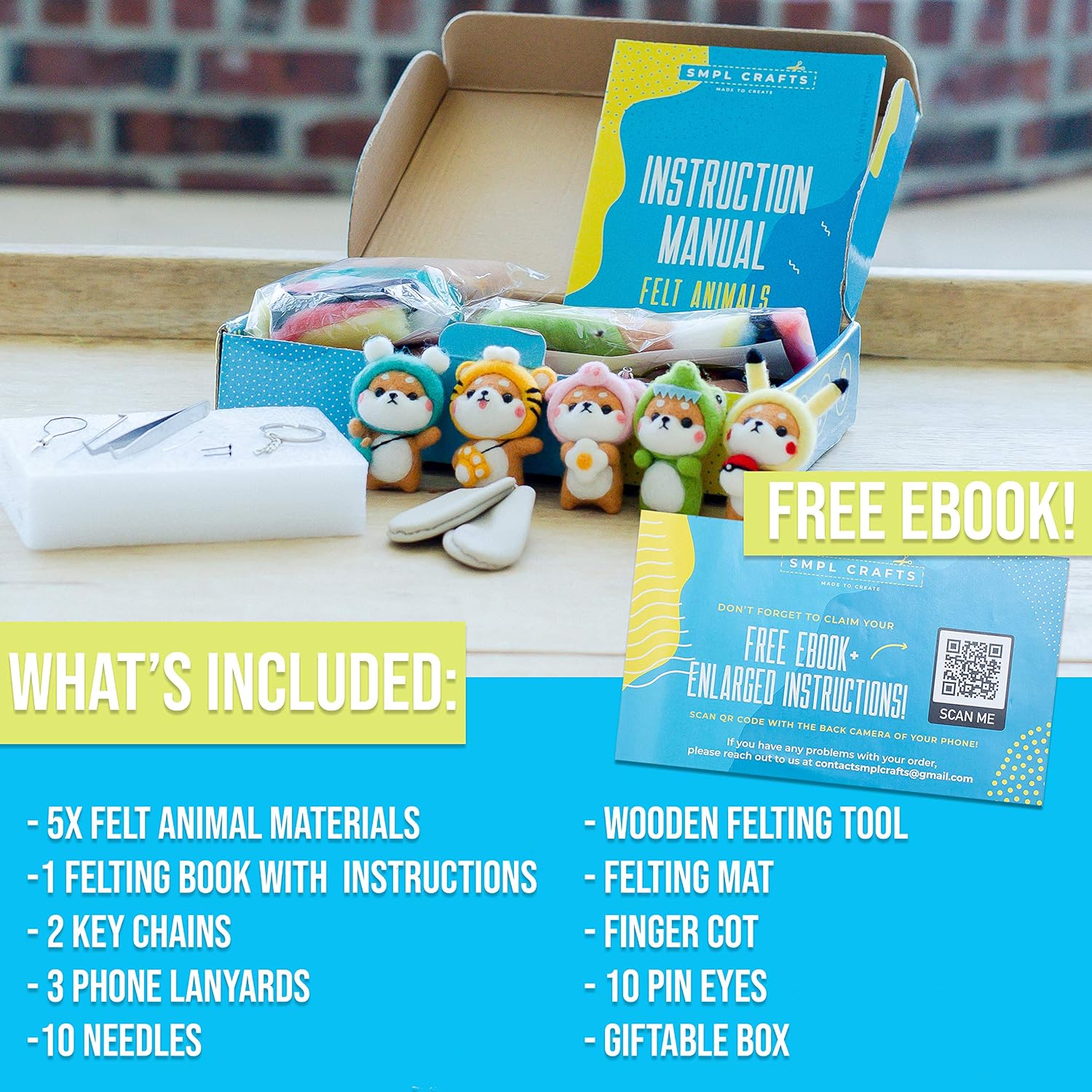 SMPL Crafts Needle Felting Starter Kit (Makes 5 Wool Felt Animals) - Includes 2 Keychains, 3 Phone Lanyards, 10 Needles, Wood Felt Tool, Mat, Finger Cots & Instructions - Great for Beginners, Kids