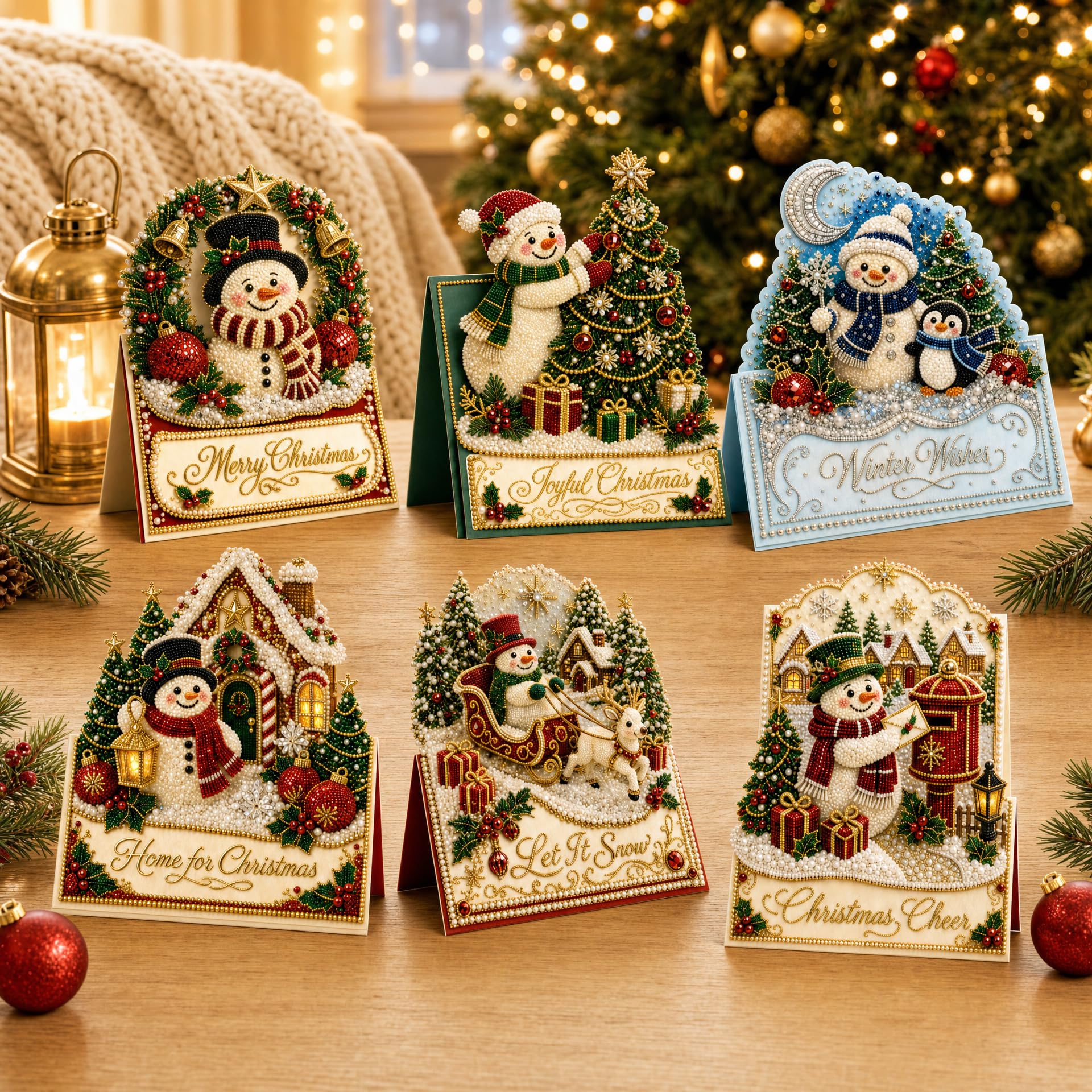 6pcs DIY Pearl Diamond Art Painting Christmas Cards with Envelopes，#E