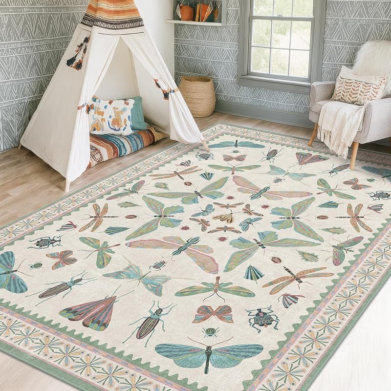 Alfombra de guardería de 5 x 7, color rosa y verde, alfombra colorida para sala de juegos, dormitorio, sala de estar, alfombra suave antideslizante con diseño de mariposas y insectos