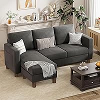VICTONE Convertible L-Shaped Sectional Sofa with Ottoman, 3-Seat Small Space Couch in Breathable Linen Fabric, Dark Gray for Apartments