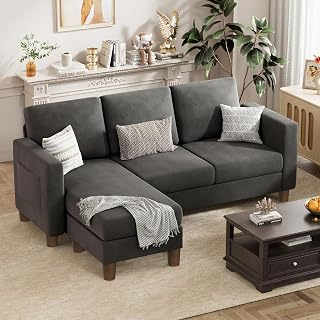 VICTONE Convertible L-Shaped Sectional Sofa with Ottoman, 3-Seat Small Space Couch in Breathable Linen Fabric, Dark Gray for Apartments