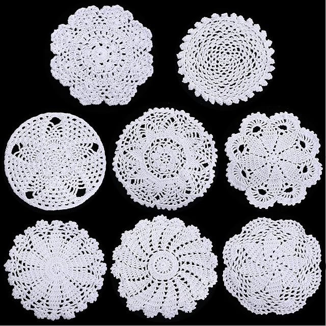 8 Pieces 6 to 8 Inch Cotton Lace Doilies Crochet Handmade Lace Coasters Round Lace Placemat Rustic Table Doilies Decors for Kitchen Dining Room Party Dressers Dream Catcher Decoration (White)