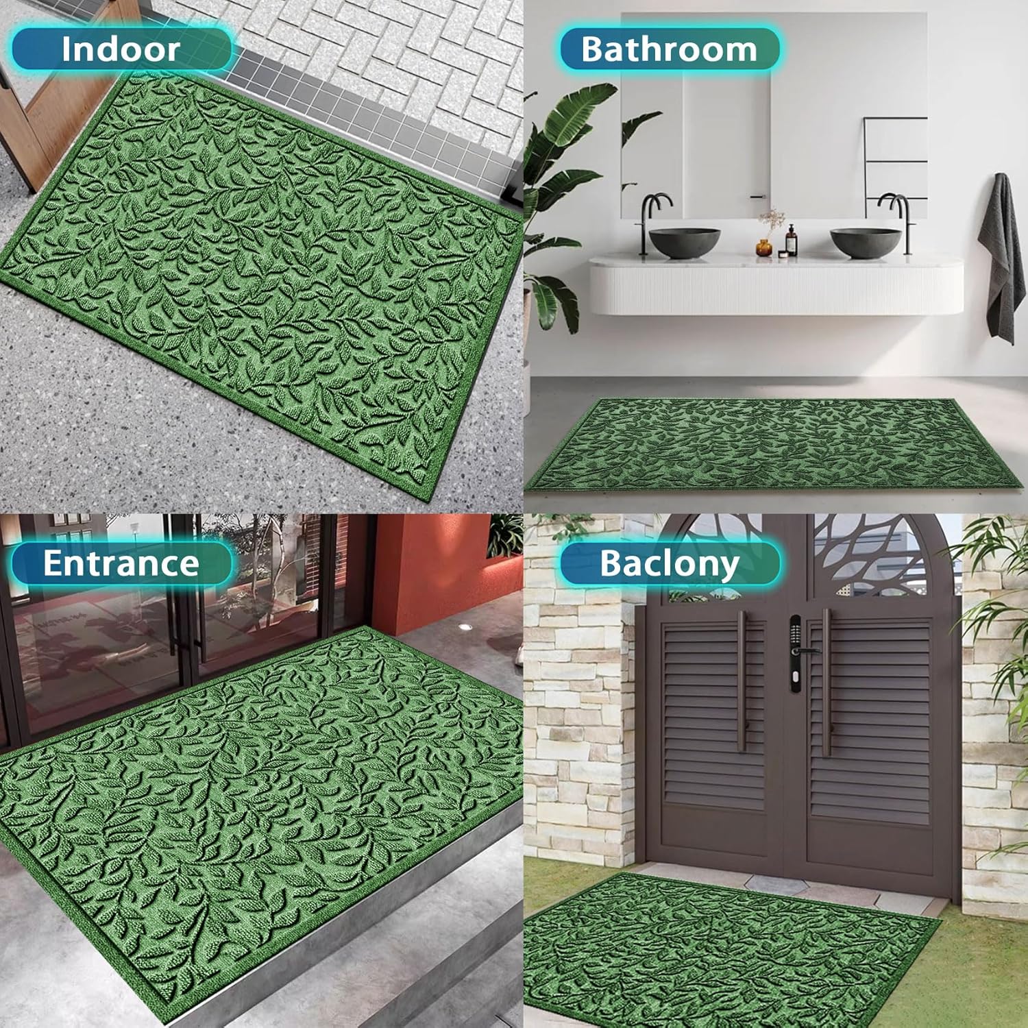 Bulijojo Sturdy Front Entrance Doormats,Durable Heavy Duty Welcome Mat,Thick Absorbent Natural Rubber Non Slip Mat,Easy Clean Entryway Mat Leaves Green, 47" x 32"