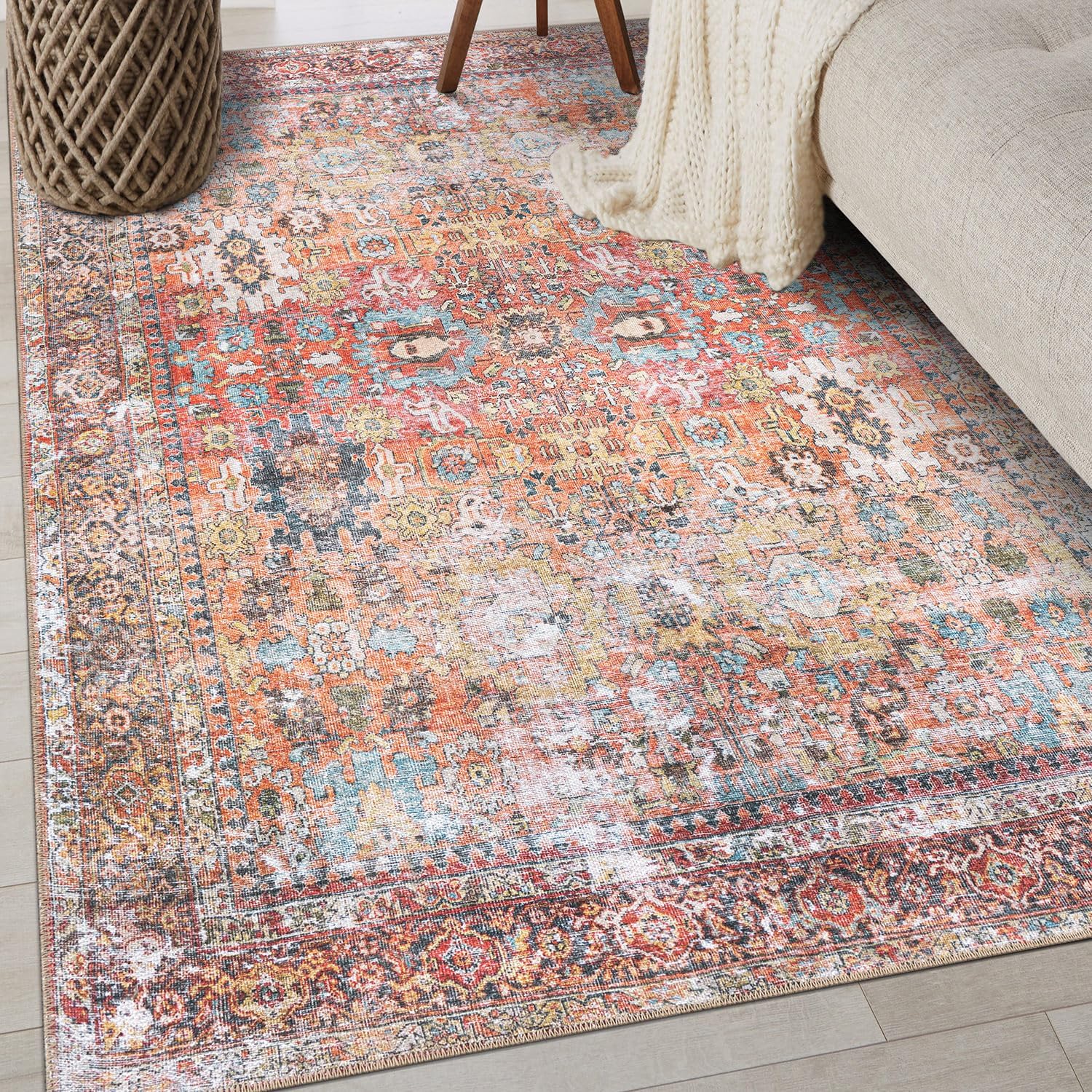 Rugshop Multi Transitional Distressed Area Rug — Machine Washable & Non‑Slip, 4' X 6' for Living Room, Bedroom and Home Office