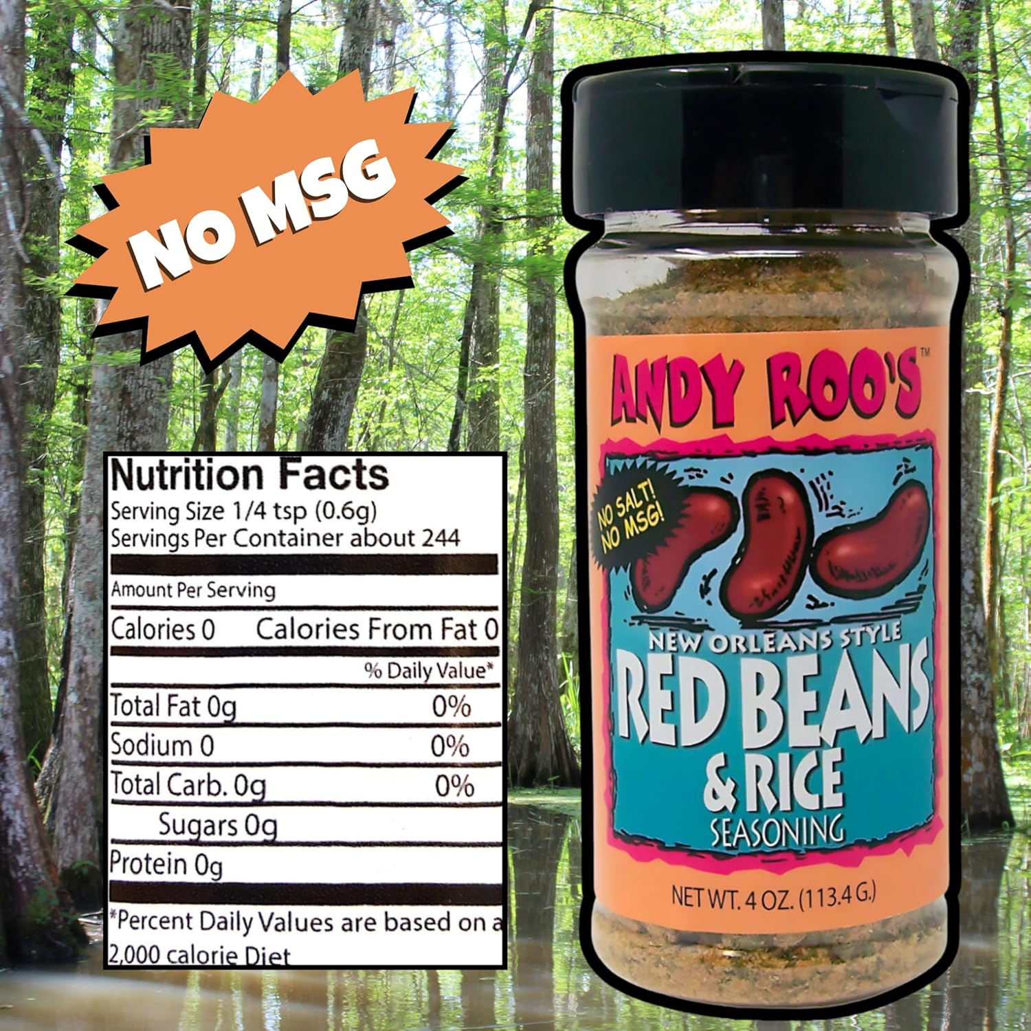 Andy Roo's Salt-Free Red Bean Creole Seasoning, 4 Ounce Shaker (No MSG Blend) - Image 2
