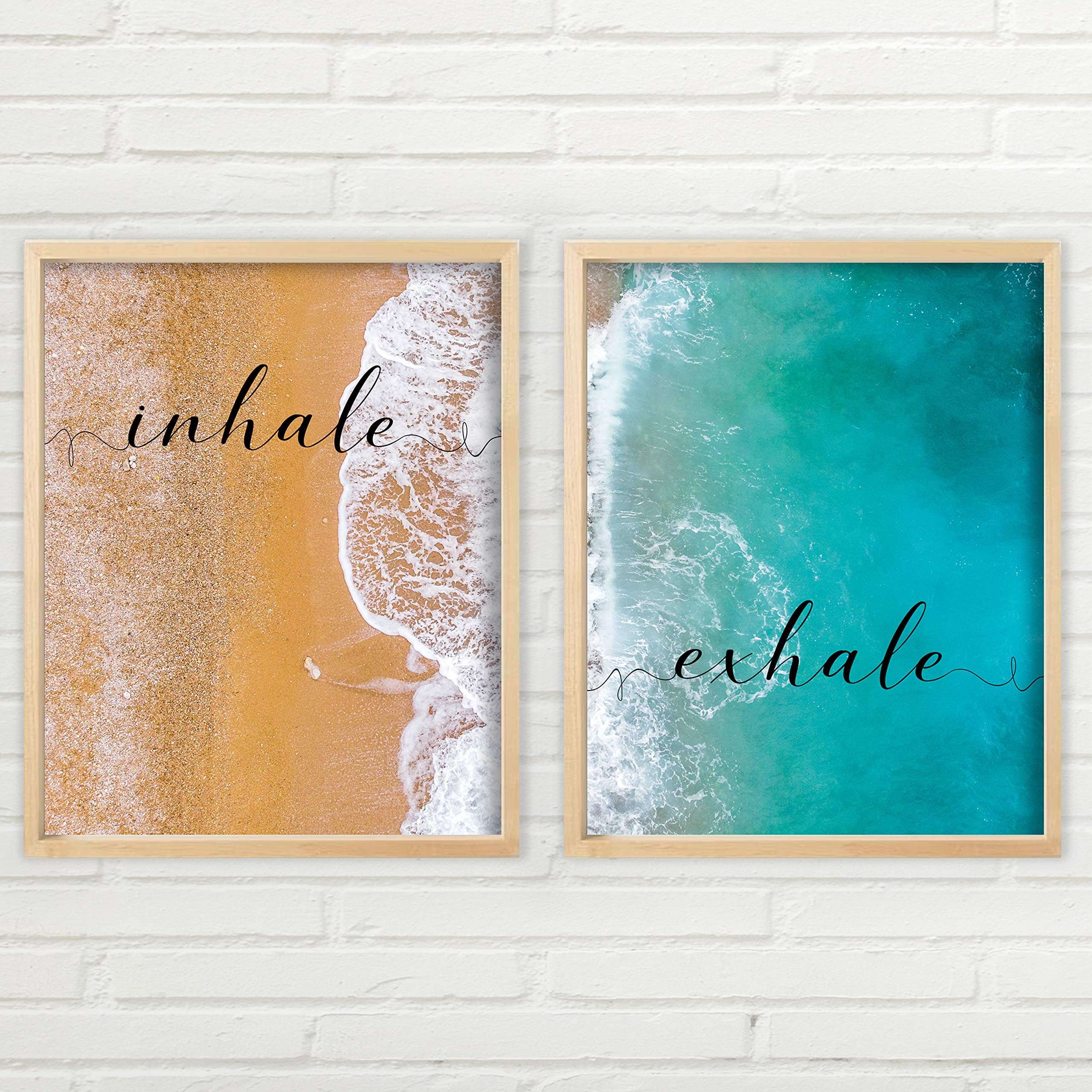 Inhale Exhale Wall Art - Beach Aerial View or Forest Aerial View (Unframed Prints - Multiple Sizes, Aerial Beach Wall Art, Typography Art, Minimalist Wall Art, Great Gift, Yoga Wall Set Art Set of 2)