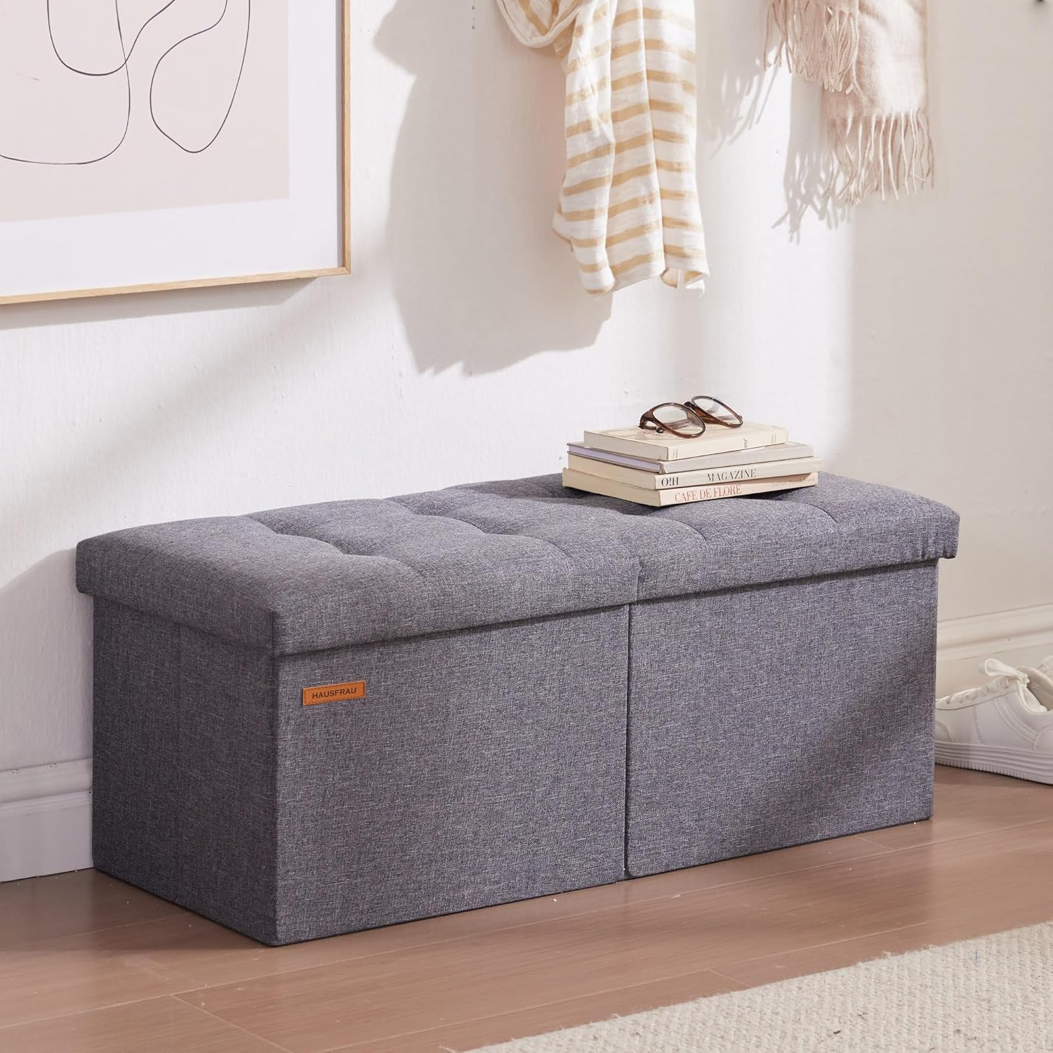HAUSFRAU 31.5 Inches Ottoman with Storage, Folding Ottoman Bench Small Foot Rest Stool, Bedroom Bench with Flipping Lid, Linen Grey - Image 5