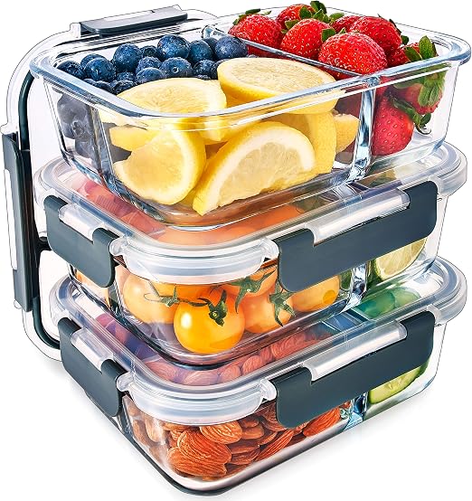 Szklane pojemniki Igluu Meal Prep z pokrywką na zatrzaski– Bez BPA – Bezpieczne do używania w mikrofalówce, zmywarce i piekarniku [zestaw 3 sztuk] (3 compartment)