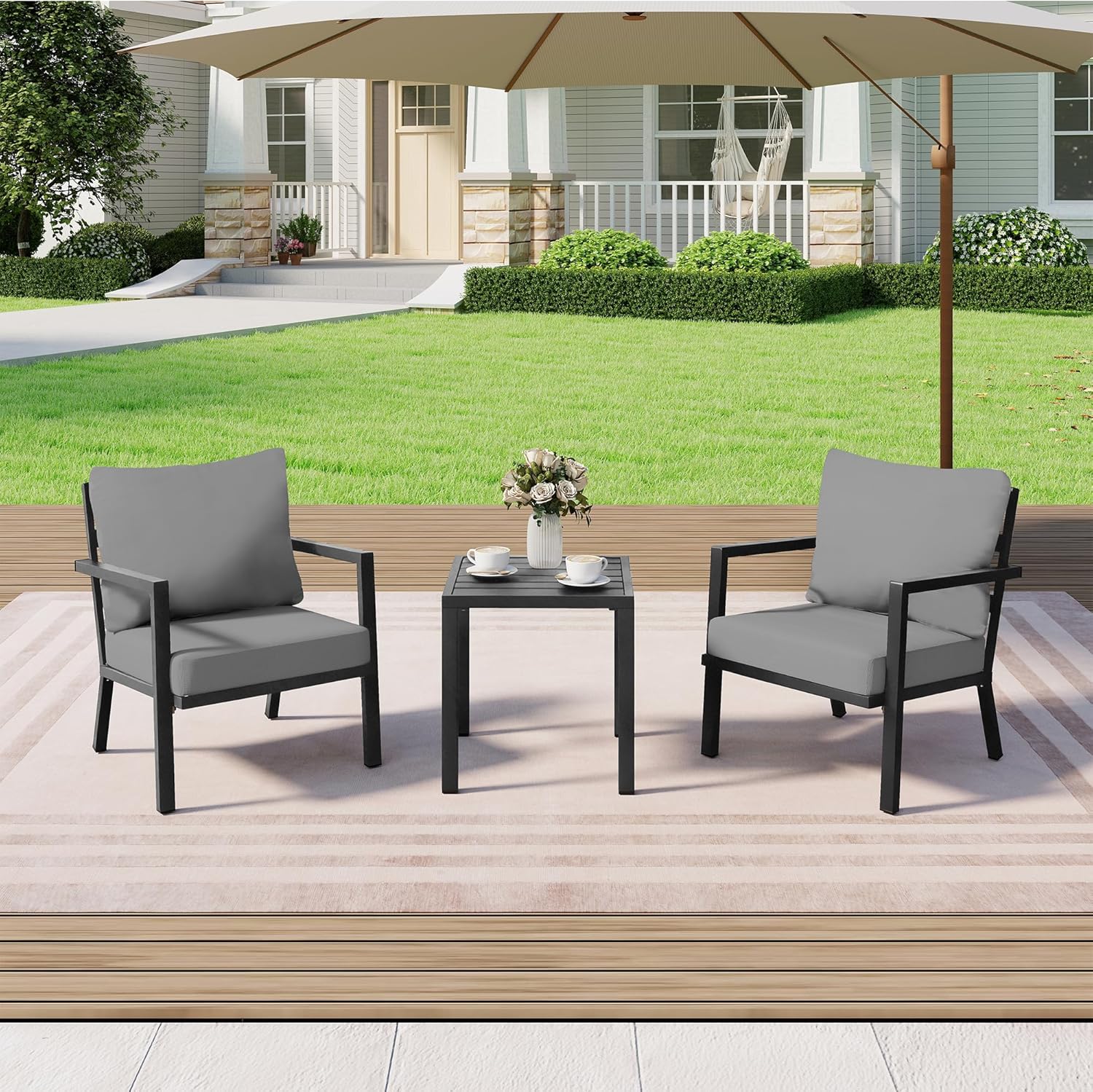HAPPATIO Aluminum Patio Furniture Set, 3 Pieces Conversation Set with Thick Cushions and Side Table, Waterproof and Rustproof for All Weather, Seating Sofa for Garden, Backyard, Porch, Black