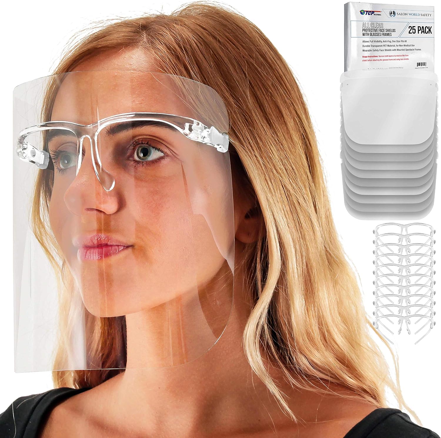 TCP Global Salon World Safety Face Shields with All Clear Glasses Frames (Pack of 25) - Ultra Clear Protective Full Face Shields to Protect Eyes, Nose, Mouth - Anti-Fog PET Plastic, Goggles