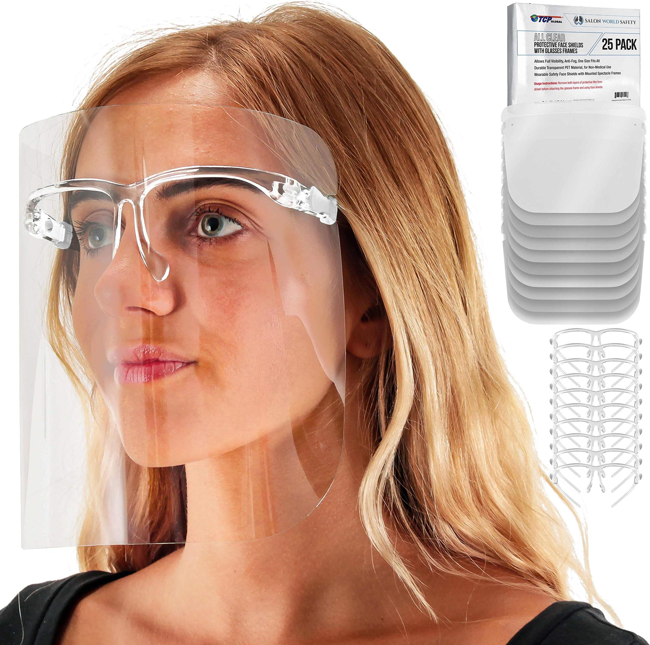 Salon World Safety Face Shields with All Clear Glasses Frames (Pack of 25) - Ultra Clear Protective Full Face Shields to Protect Eyes, Nose, Mouth - Anti-Fog PET Plastic, Goggles