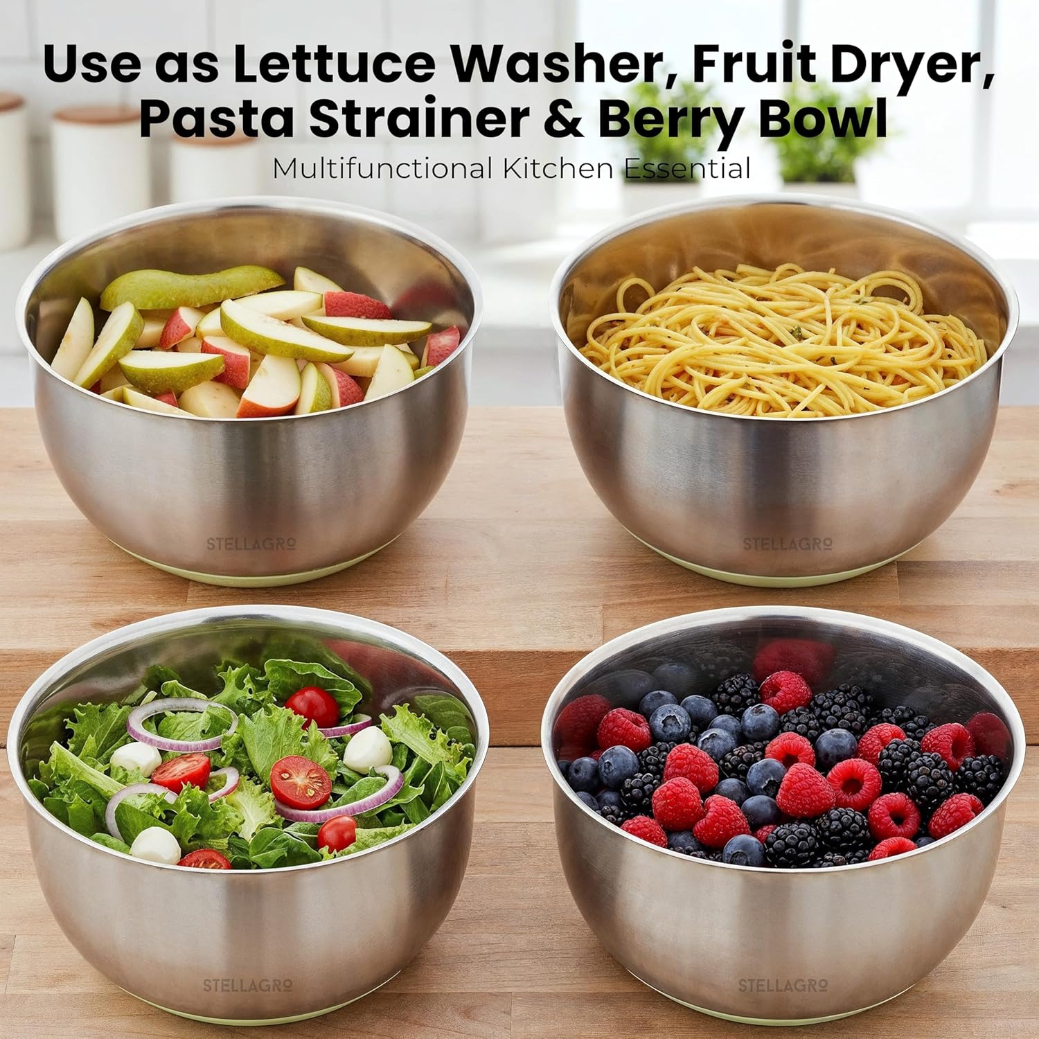 Stainless Steel Salad Spinner Large - Fruit and Vegetable Wash Bowl with Strainer - Lettuce Spinner, Fruit Cleaner, Collapsible Salad Dryer 5.3 Quart Capacity