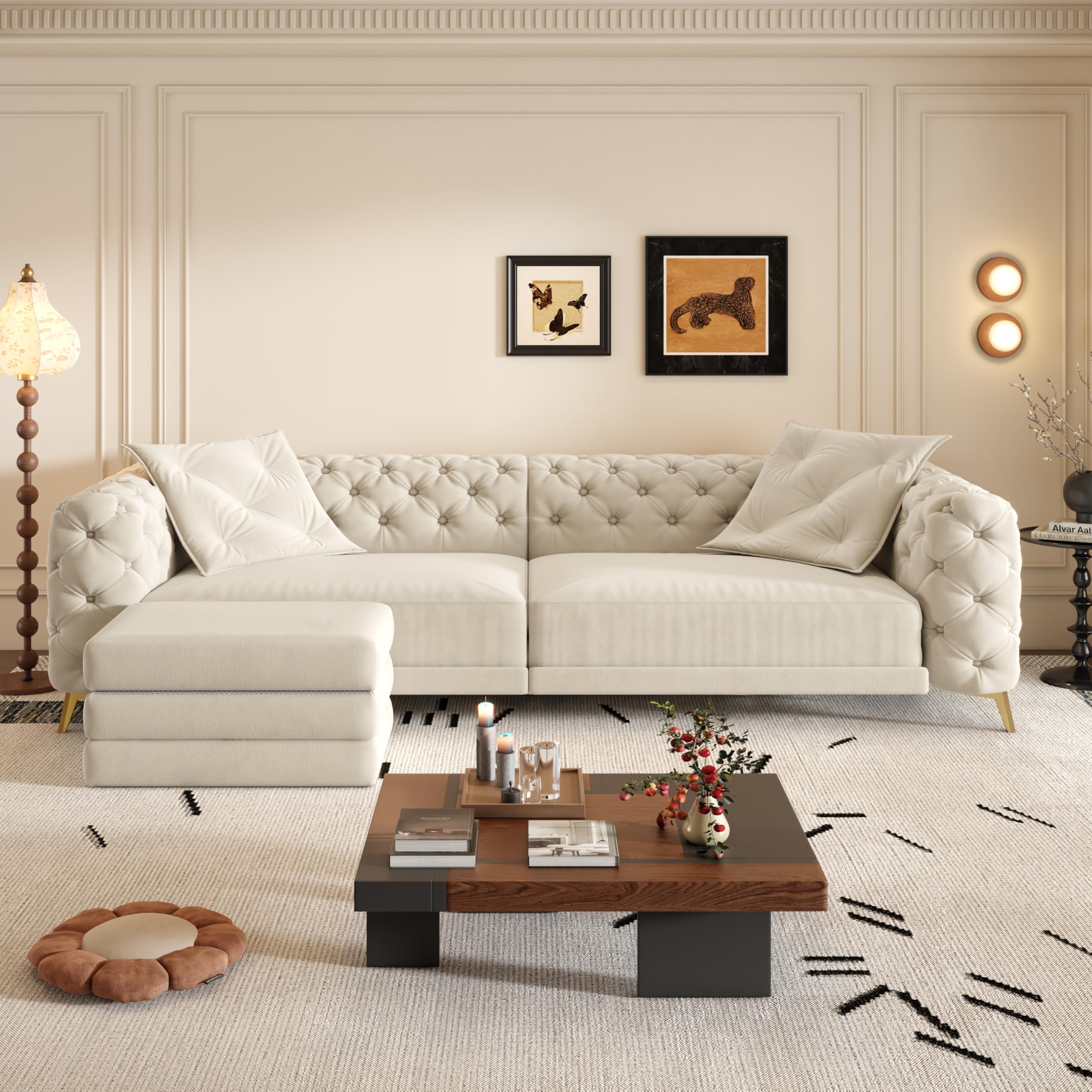 97.7" Oversized 4 Seater Convertible Pull Out Sleeper Sofa Couch Bed,Button Tufted Chesterfield Loveseat with Movable Ottoman and Golden Metal Legs for Living Room Apartment